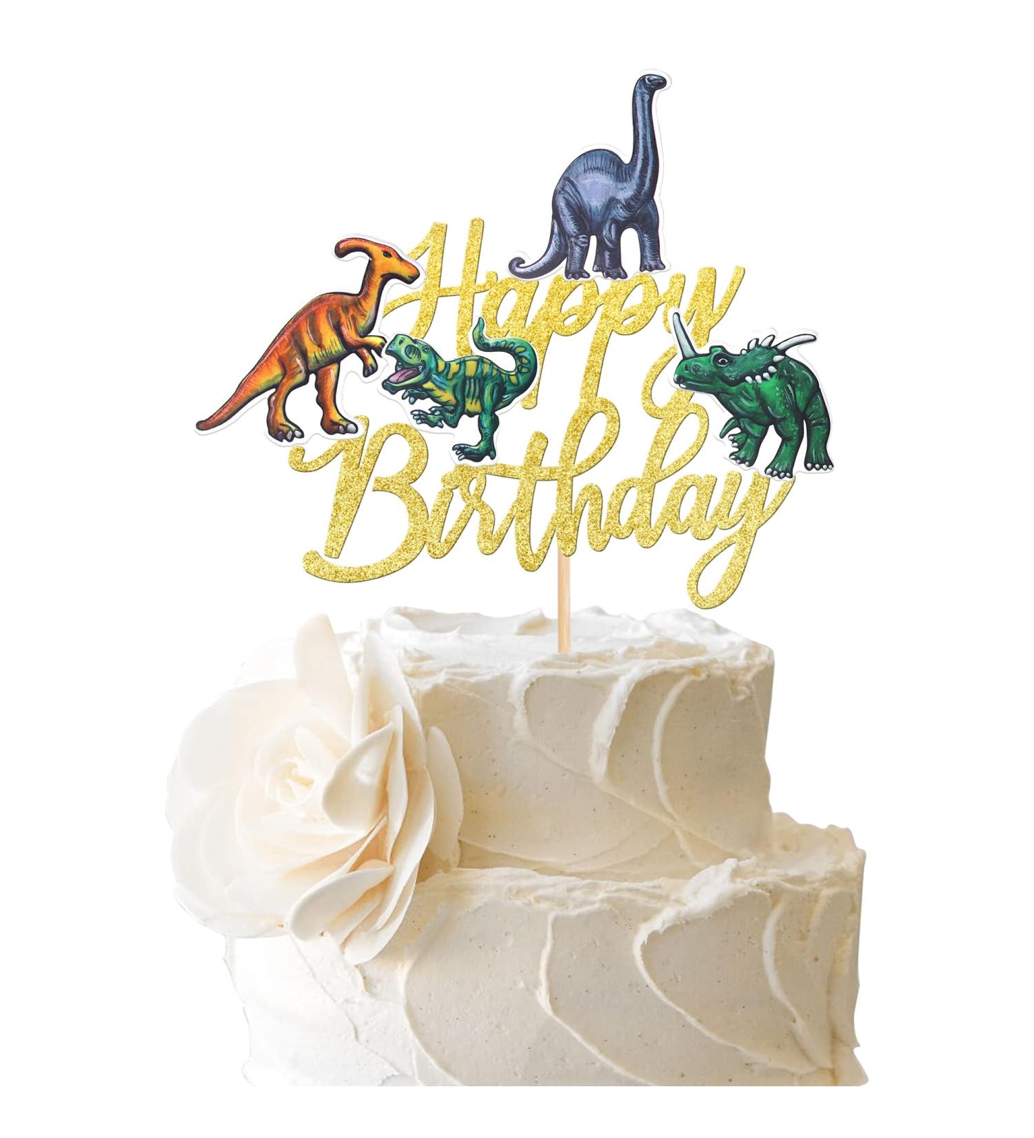 1 Piece Dinosaur Birthday Cake Toppers Roar Rex Cake Decoration Cake Decoration for Boys Children Dinosaur Birthday Baby Shower Party Cake Decorations Accessories Gold Dinosaur-gold Happy Birthday