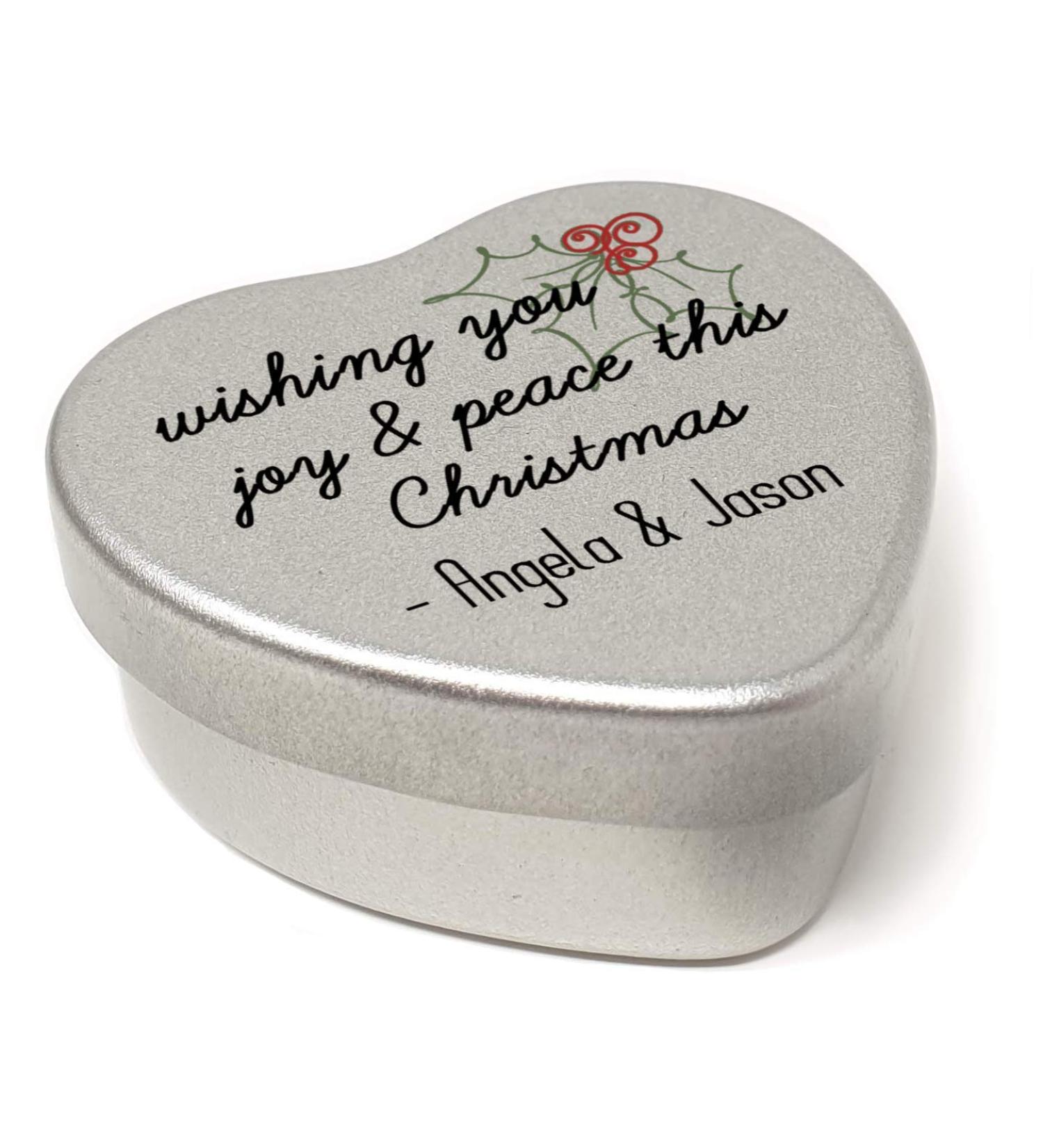 Personalised Mini Heart Shaped Tin Wishing Joy & Peace this Christmas Xmas Card Alternative Gift Filled with Mini Mints - Buy Online on SooperMarket.com