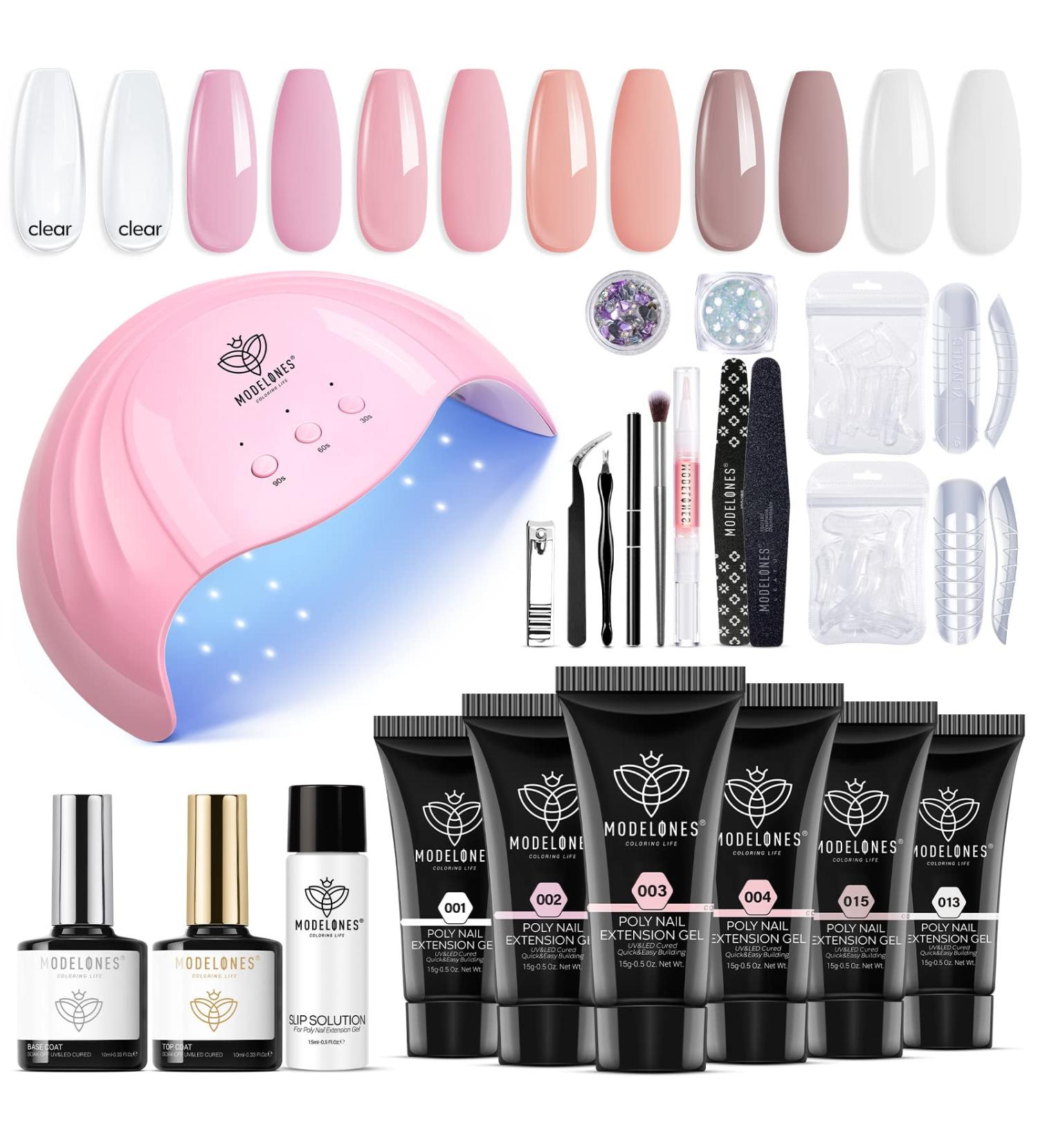 Modelones Poly Nail Gel Kit with 48W LED Nail Lamp - 6 Nude Pink Colors, Slip Solution, Rhinestones, Glitters - Manicure Starter Kit for Women - Buy Online on SooperMarket.com