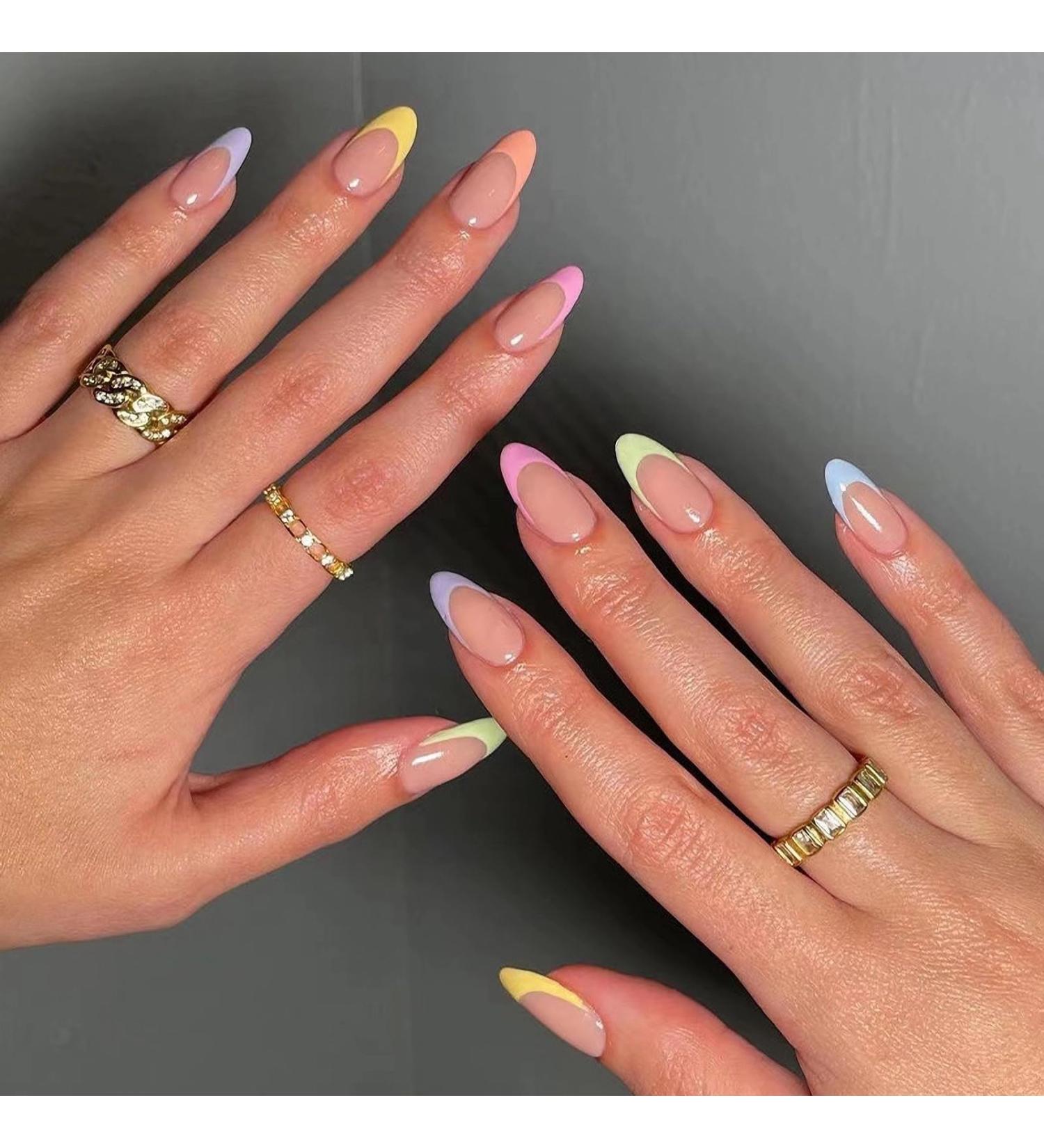 Buy MISUD Short Round Press On Nails - Colorful French Tip Acrylics | 24 Pcs Glossy Summer Artificial Nails - International Shipping Available - Buy Online on SooperMarket.com