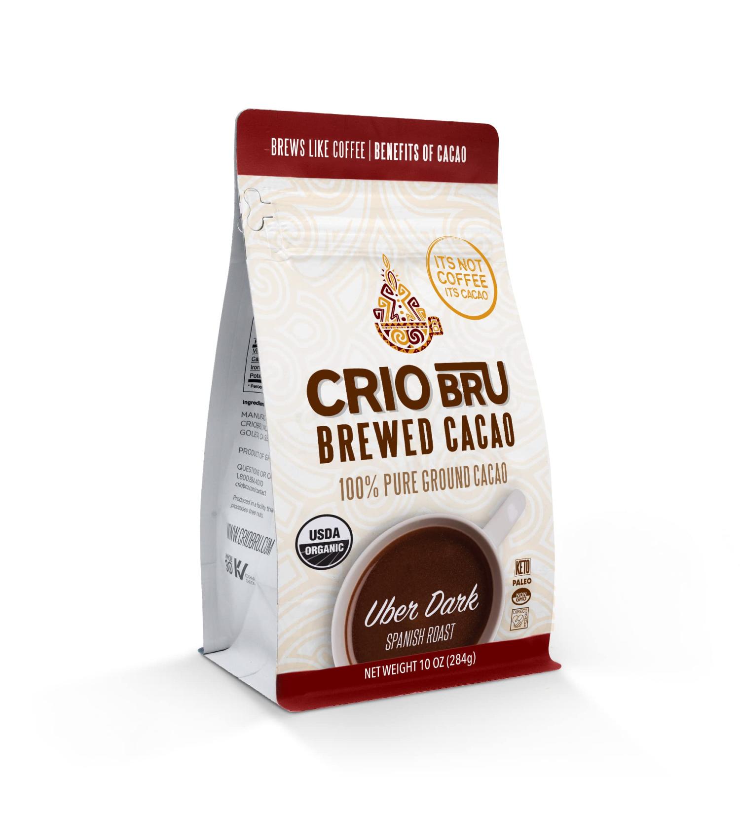 Crio Bru Brewed Cacao Uber Dark Spanish Roast 10oz Bag - 100% Pure Ground Cacao | Coffee Alternative | Natural Healthy Drink | Keto, Paleo, Low Carb | Non-GMO, Organic | 99.99% Caffeine Free - Buy Online on SooperMarket.com