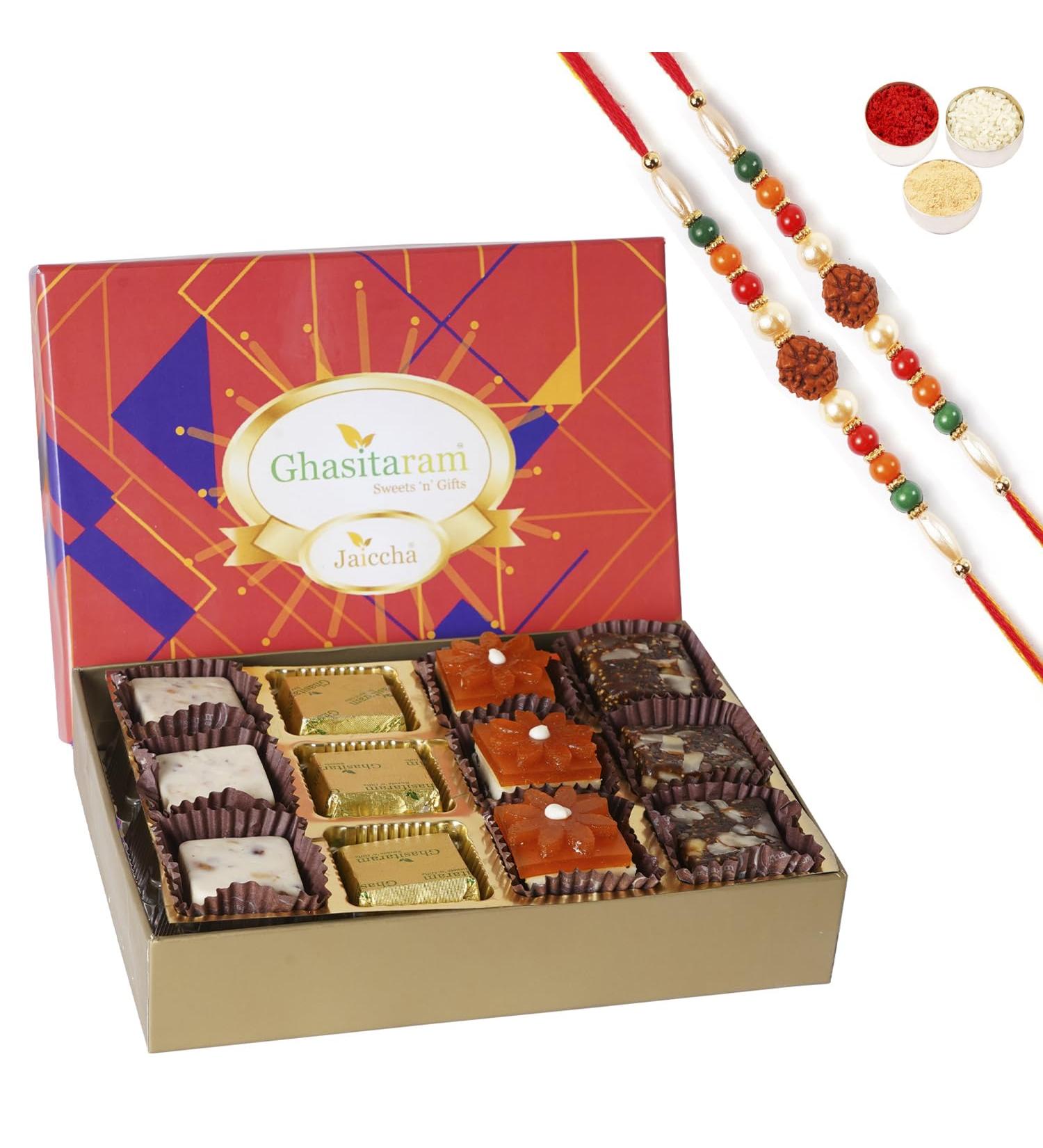 Ghasitaram Gifts Jaiccha Rakhi for Brother Assorted Bites in Premium Box 12pcs with 2 Rudraksh rakhis - Buy Online on SooperMarket.com