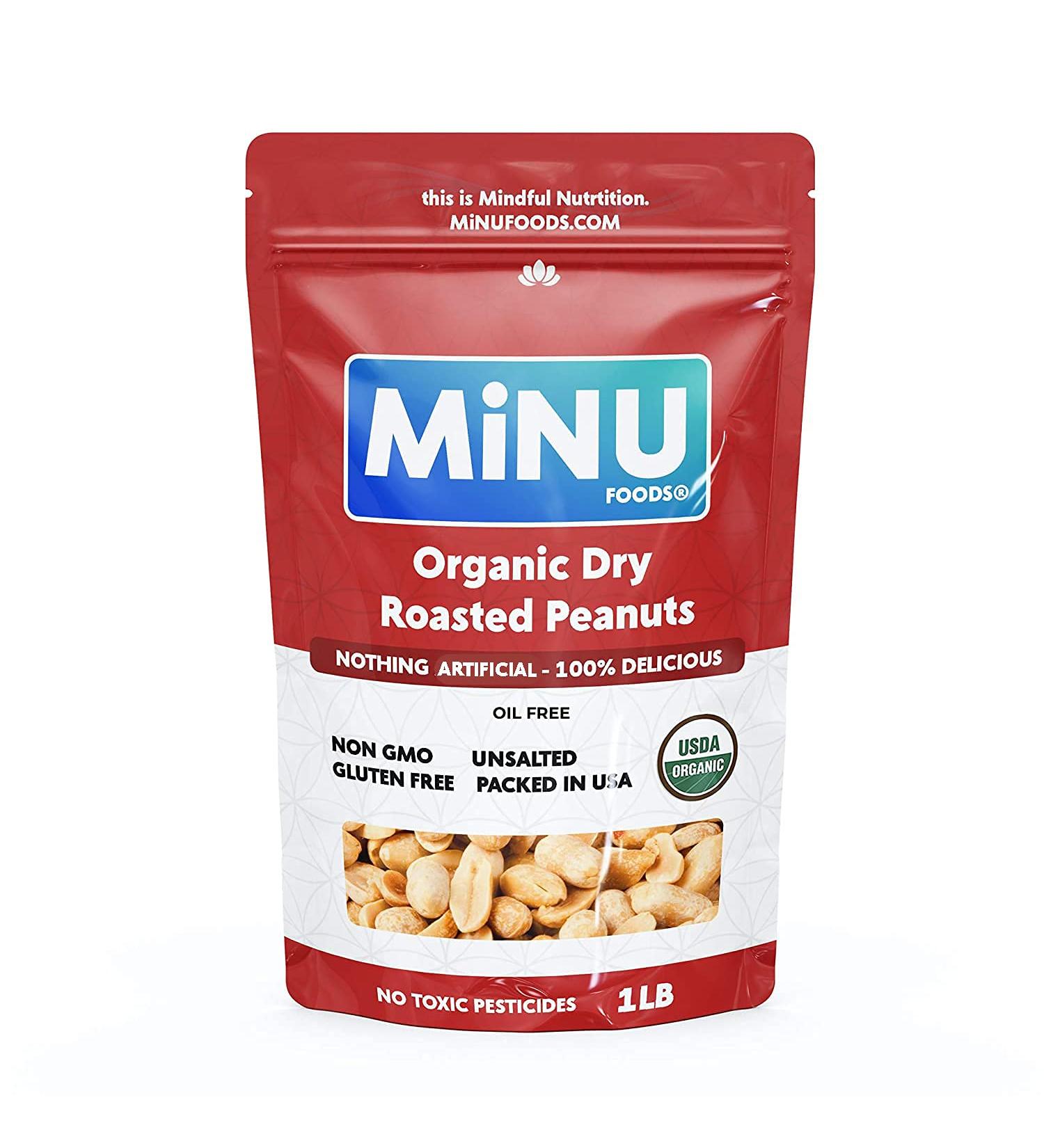 MiNU Organic Dry Roasted Unsalted Peanuts 16 oz - Keto Paleo Snack | MiNU Mindful Nutrition Superfood Protein Vegan NonGMO Gluten Free Valencia Peanuts - Buy Online on SooperMarket.com