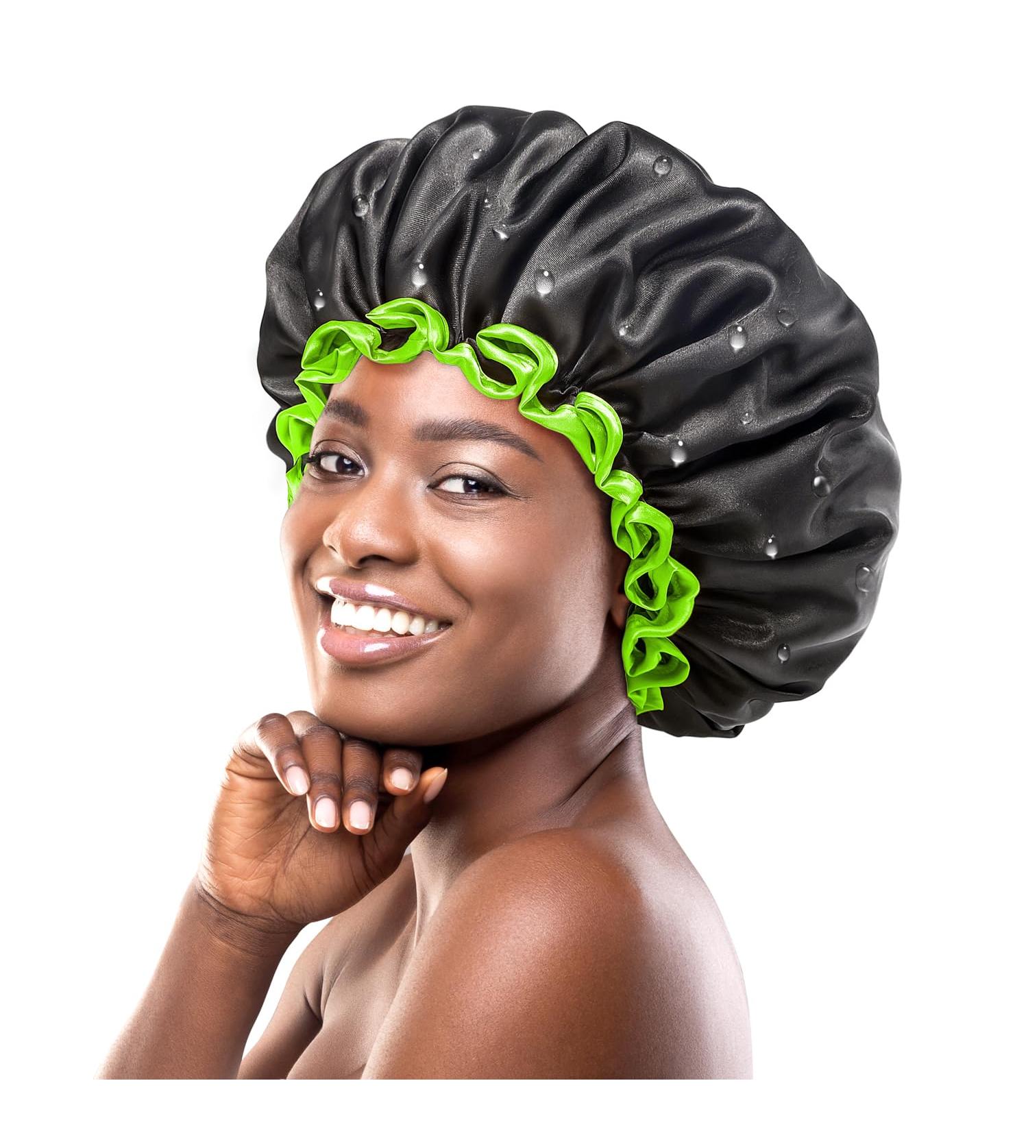 Mikimini Extra Large Black Shower Hoods (2-Pack) - Waterproof Reusable Hair Caps for Men & Women with Bright Green Border - Thick Braids & Double-Layer Design - Buy Online on SooperMarket.com