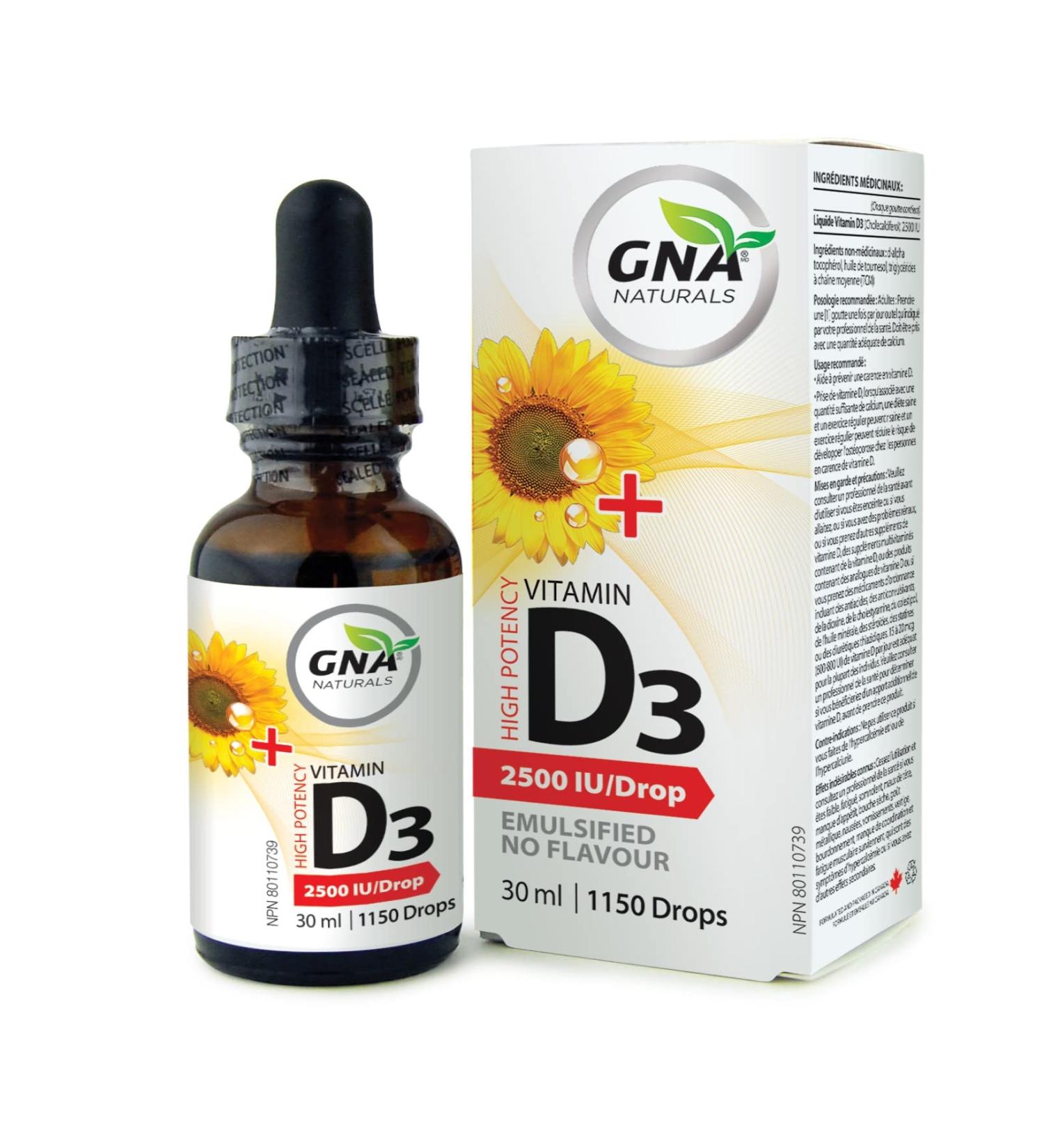 GNA Naturals Vitamin D3 Drops 2500 IU 30ml - Liquid Vitamin D3 for Adults - High Potency Flavorless Easy to Absorb - Pure D3 Supplement for Daily Wellness - Supports Bone Heart and Teeth Health - Buy Online on SooperMarket.com