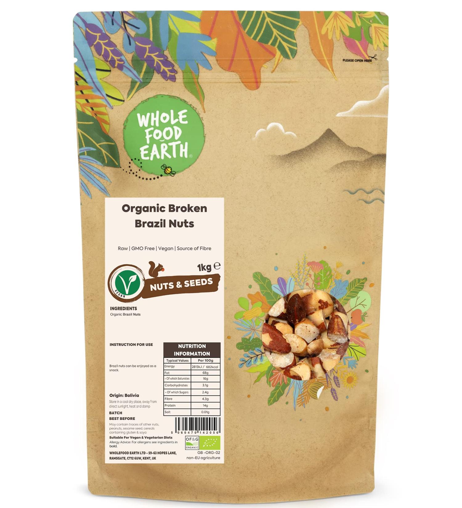 Wholefood Earth Organic Broken Brazil Nuts 1KG | Raw | GMO Free | Vegan | Source of Fibre | Certified Organic Organic 1kg - Buy Online on SooperMarket.com