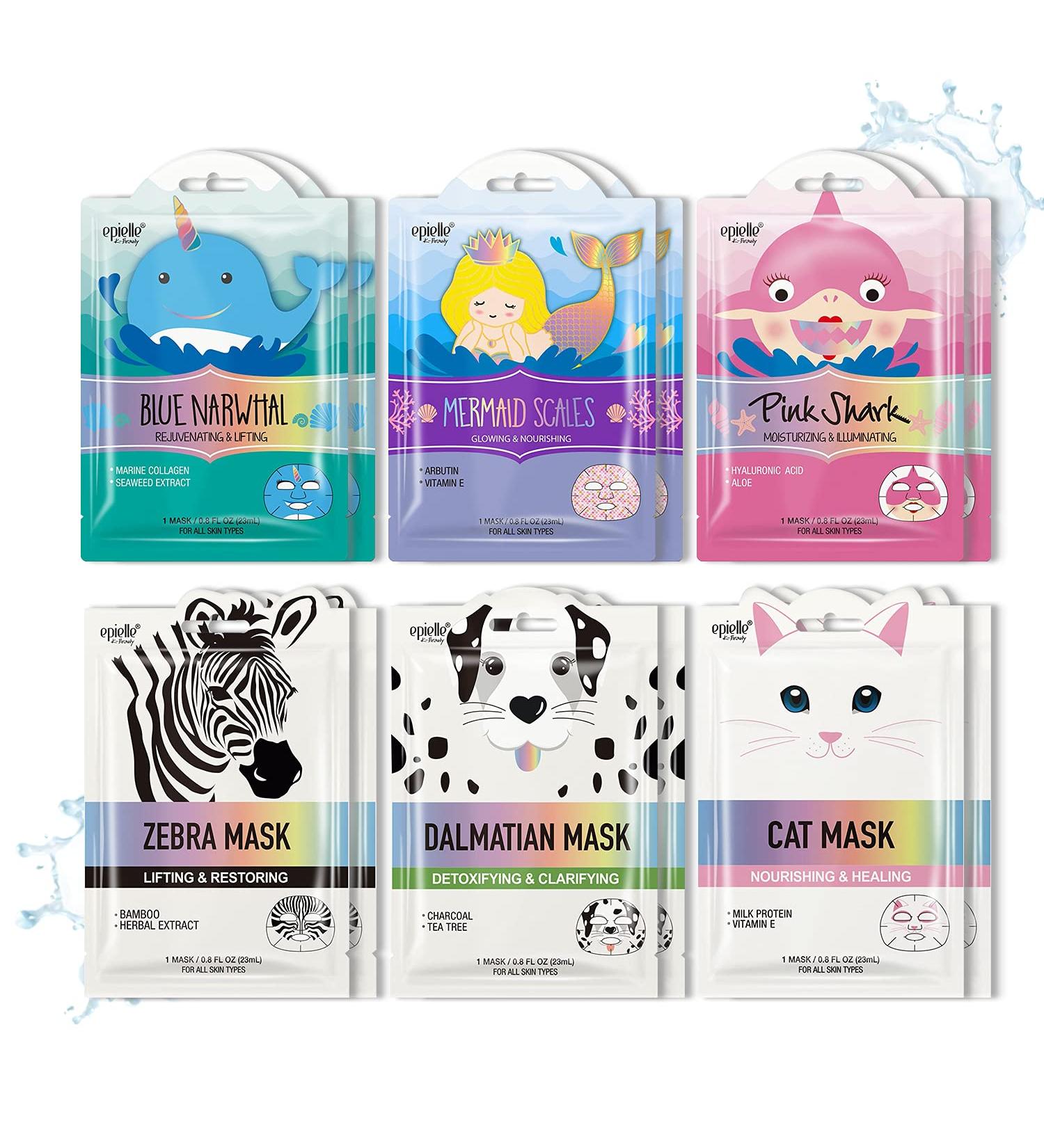 Epielle Character Sheet Masks - Dalmatian, Zebra, Cat, Shark, Narwhal, Mermaid | Pack of 12 Animal Spa Masks for All Skin Types | Korean Beauty Mask for Kids' Birthday Party, Spa Day, Girls Night - Buy Online on SooperMarket.com