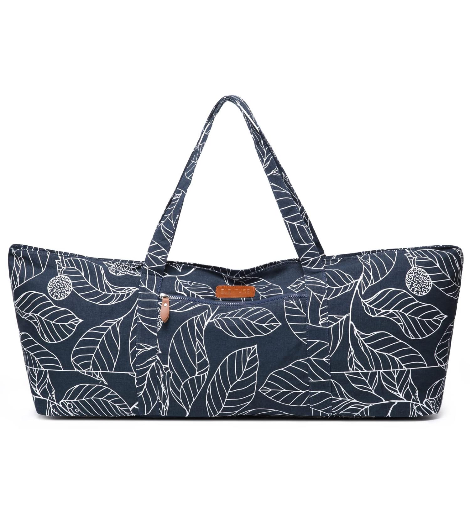 Large Yoga Mat Bag for Extra Thick Exercise Mats - Navy Blue Leaves | Mat Carrier with Carrying Strap and Large Pocket for Men and Women - Buy Online on SooperMarket.com