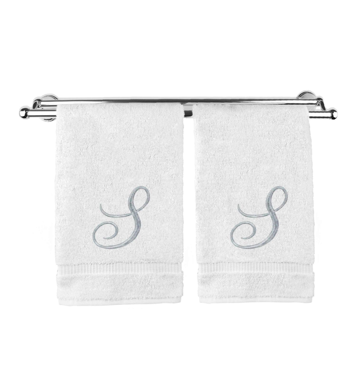Monogrammed Washcloth Towel  Personalized Gift  13x13 Inches - Set of 2 - Silver Script Embroidered Towel - Extra Absorbent 100% Turkish Cotton - Soft Terry Finish - Initial S White 2 Washcloths - Script Initial S White ...