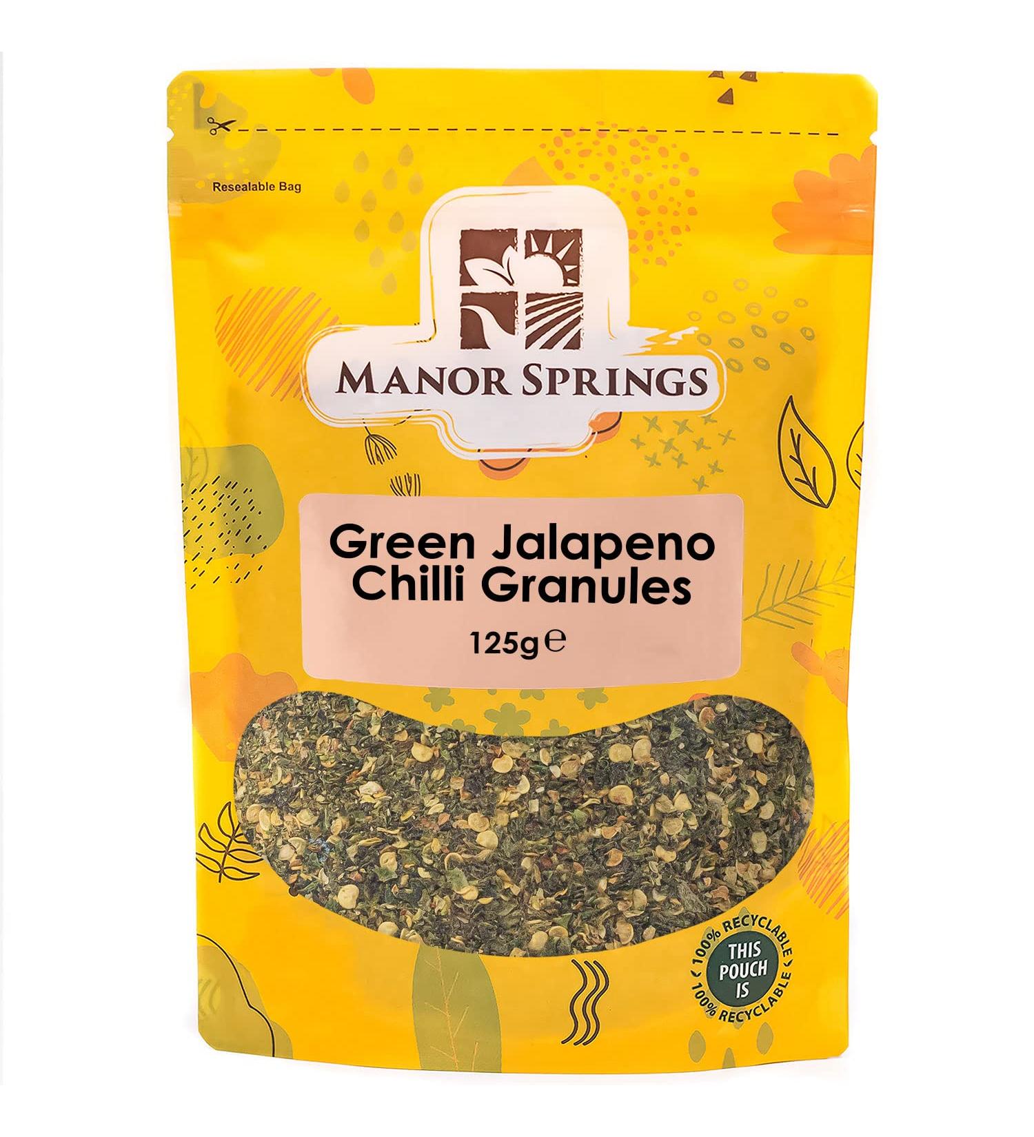 Manor Springs Green Jalapeno Chilli Granules 125g: Spicy and Flavorful Addition to Your Dishes - Buy Online on SooperMarket.com