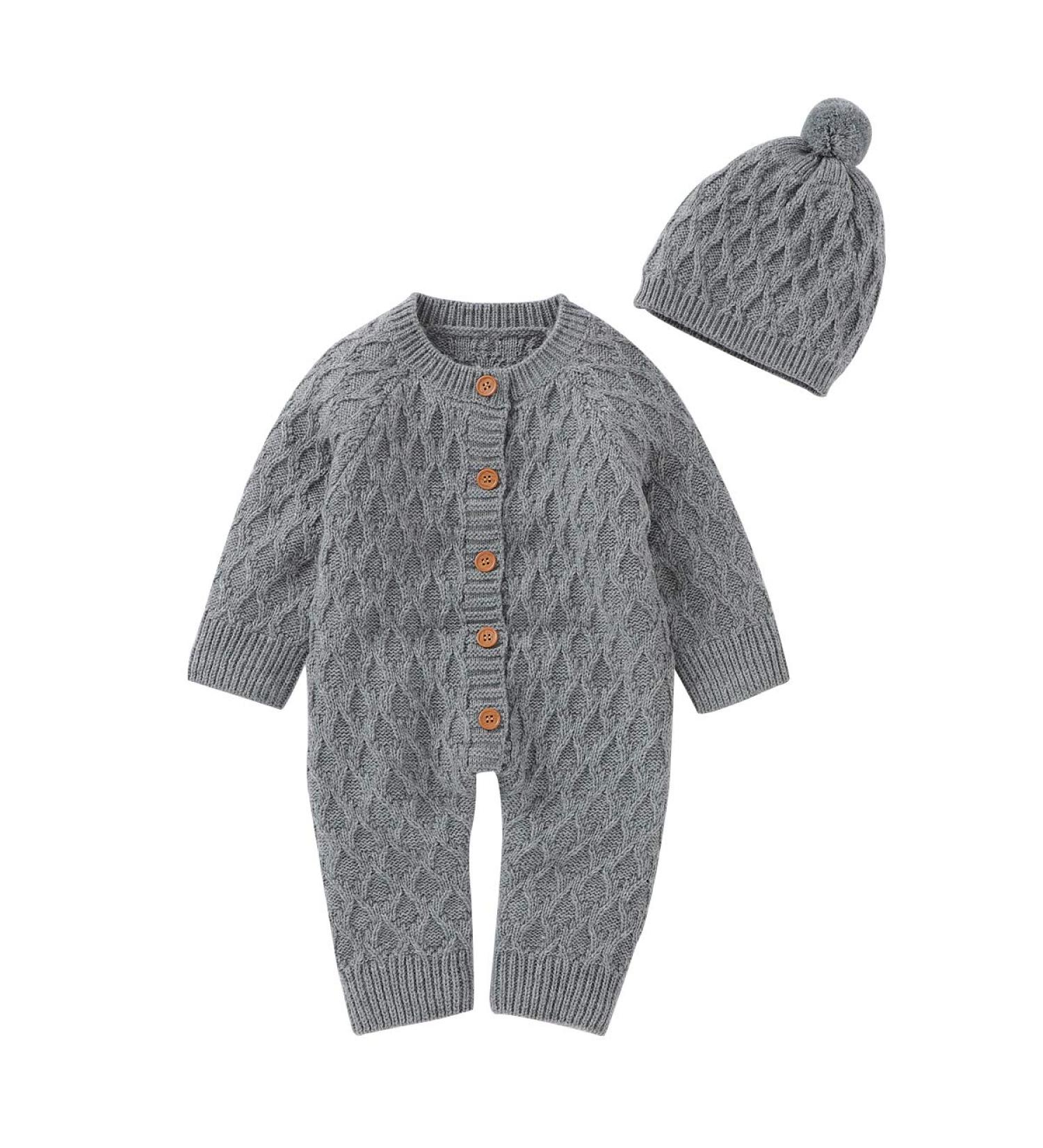 DovFanny Baby Romper Suit | Solid Color Knit Jumpsuit with Hat | Newborn 3-6 Months | Grey - Buy Online on SooperMarket.com