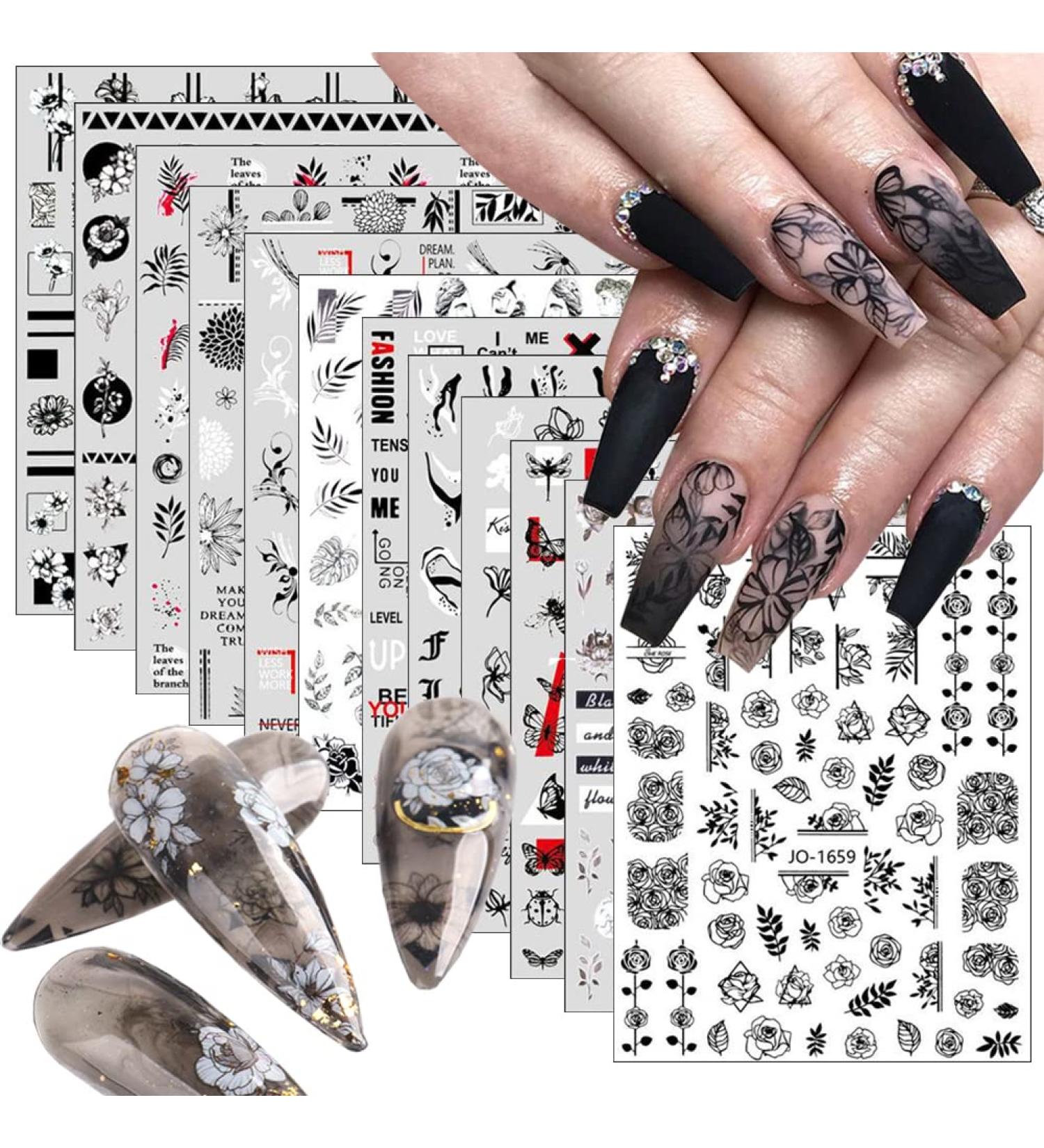 Retro Flower Nail Art Stickers - 12 Sheets Self-Adhesive Decals for DIY Nail Design - Vintage Floral Vine Letters in Black and White - Nail Supplies for Women - Buy Online on SooperMarket.com