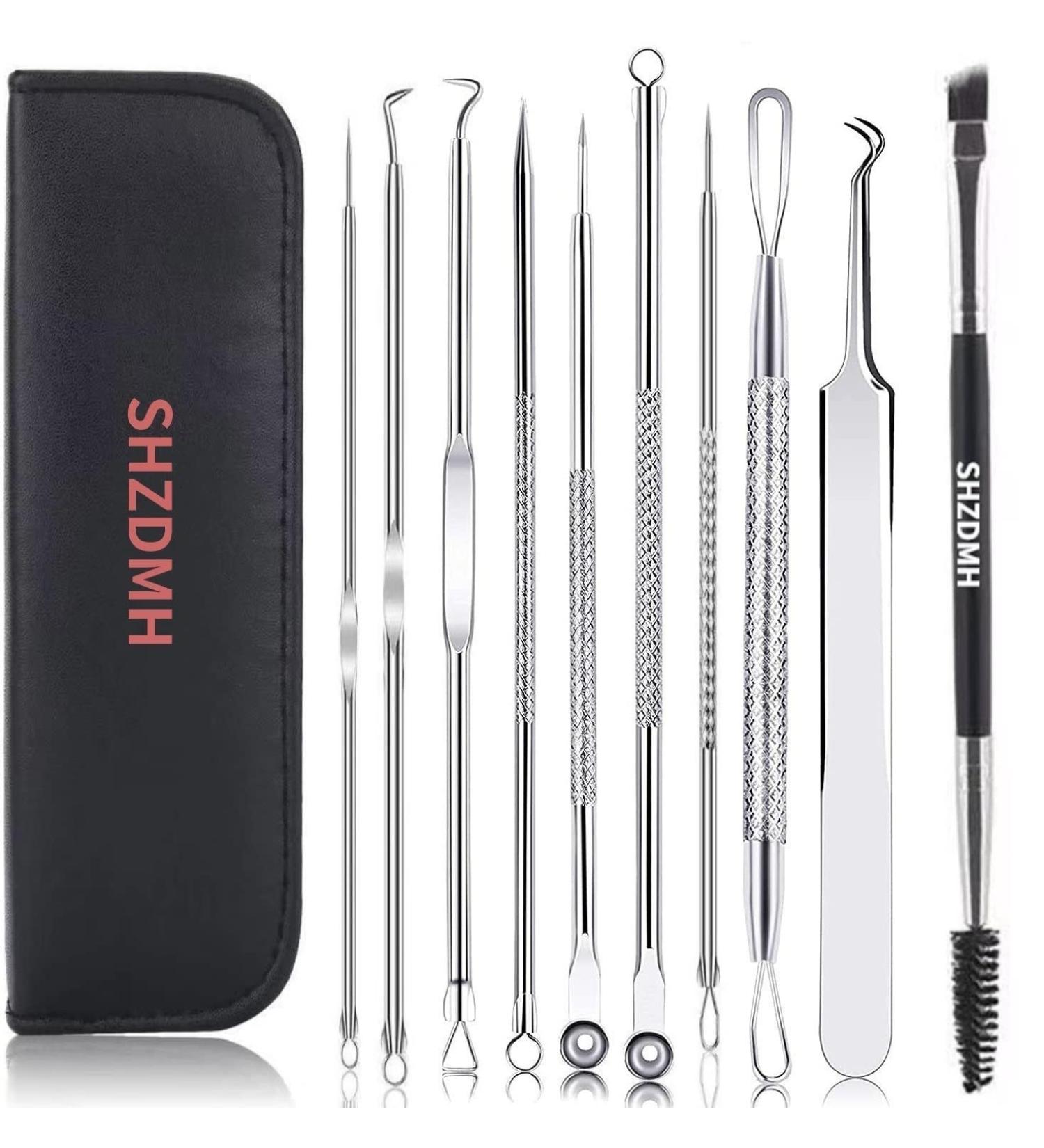 9PCS Blackhead Remover Comedone Extractor Kit with Tweezers and Free Eyebrow Brush - Buy Online on SooperMarket.com