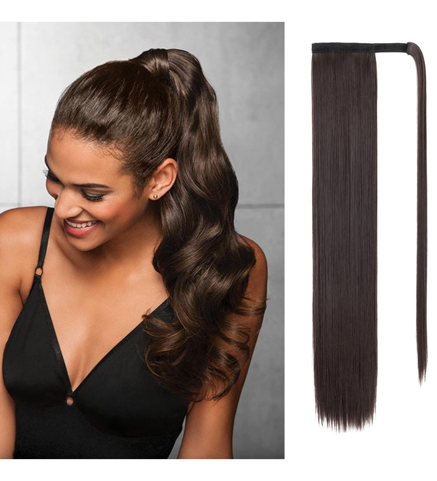 Sleek 28 Inch Dark Brown Clip in Ponytail Hair Extension for Women - Heat-Resistant Fiber Wrap Around Hairpiece - Buy Online on SooperMarket.com