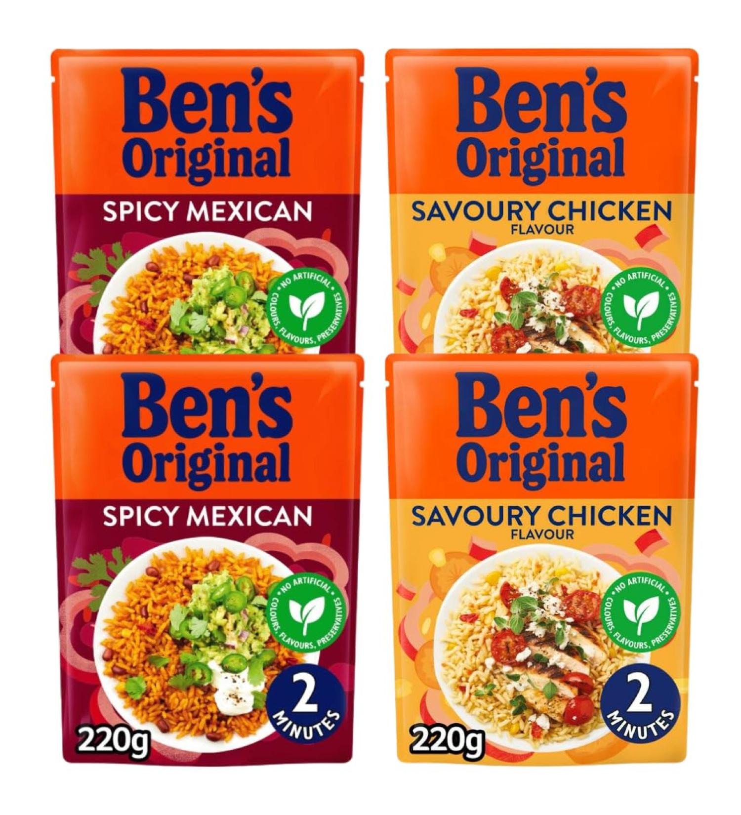 Savoury Chicken Microwave Rice 220g x2 & Spicy Mexican Microwave Rice 220g x2-Bundle Consisting of Ben's Original Microwave Rice x4 Pack - Buy Online on SooperMarket.com