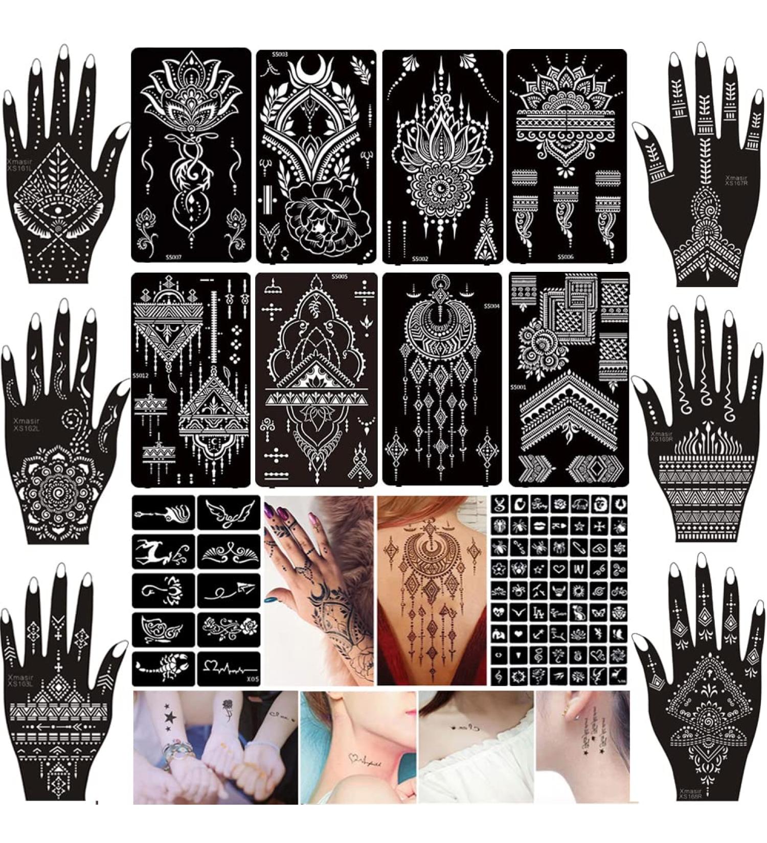 XMASIR 16 Sheets Temporary Henna Tattoo Kit with 87 Reusable Stencils - Indian Arabian Body Art Set - Buy Online on SooperMarket.com