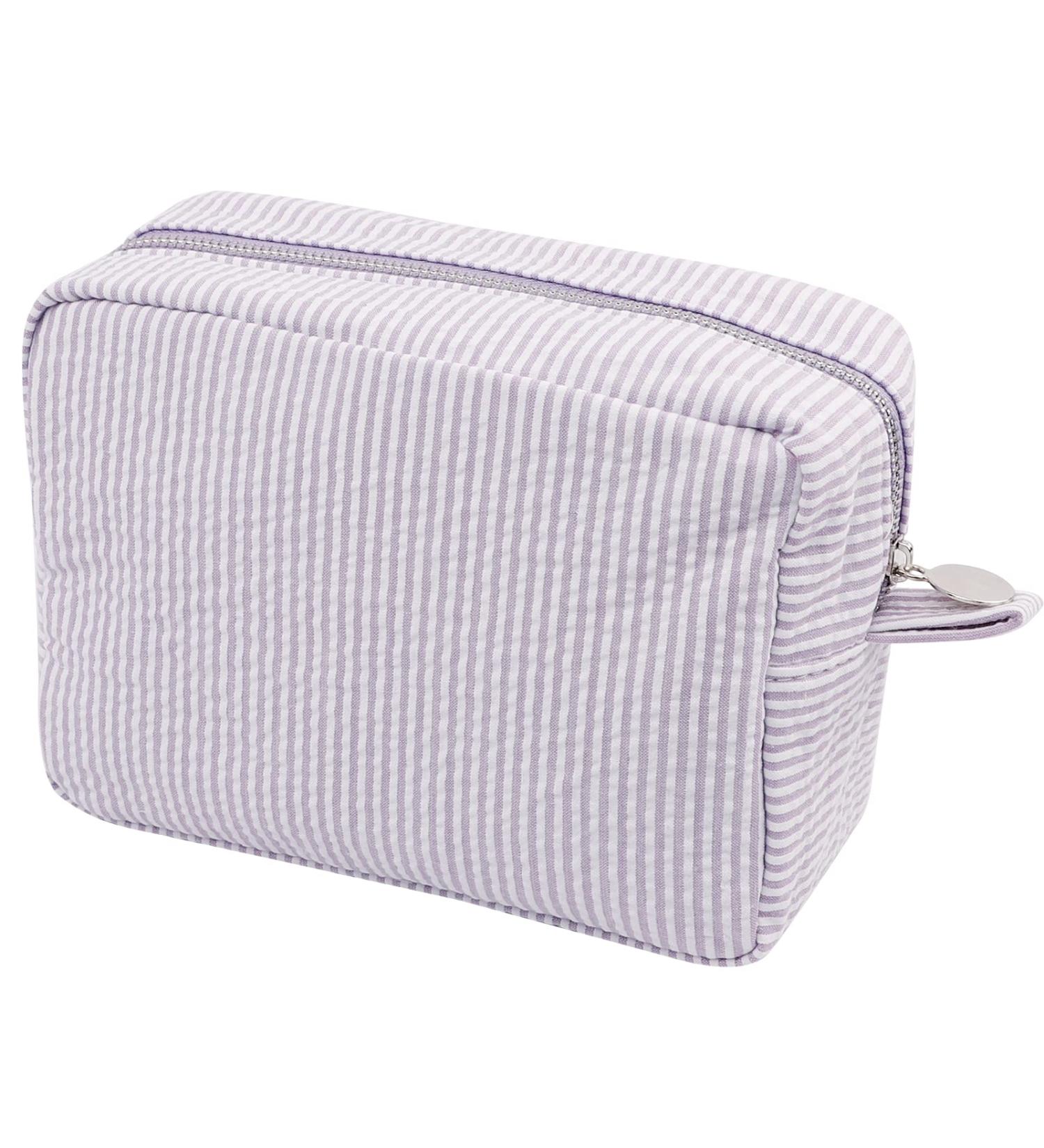 Seersucker Cosmetic Bag - Large Makeup Pouch Travel Toiletry Case | Purple Organizer for Women & Girls - Buy Online on SooperMarket.com