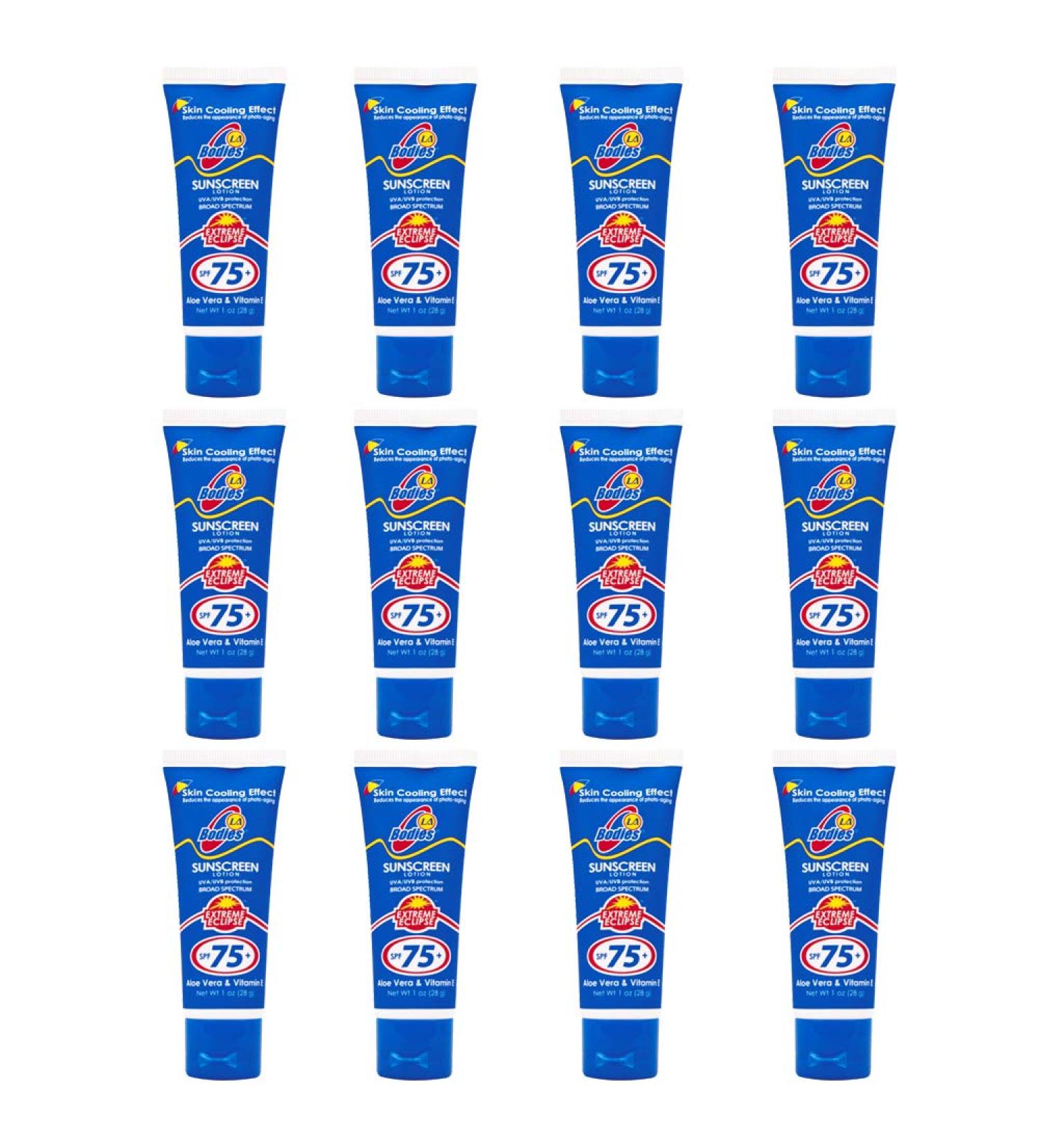 Travel Size Sunscreen SPF 75 - Moisturizing Aloe Vera Lotion for Face & Body | Acne-Prone Skin & UVA/UVB Protection | 1oz (12PC - Buy Online on SooperMarket.com