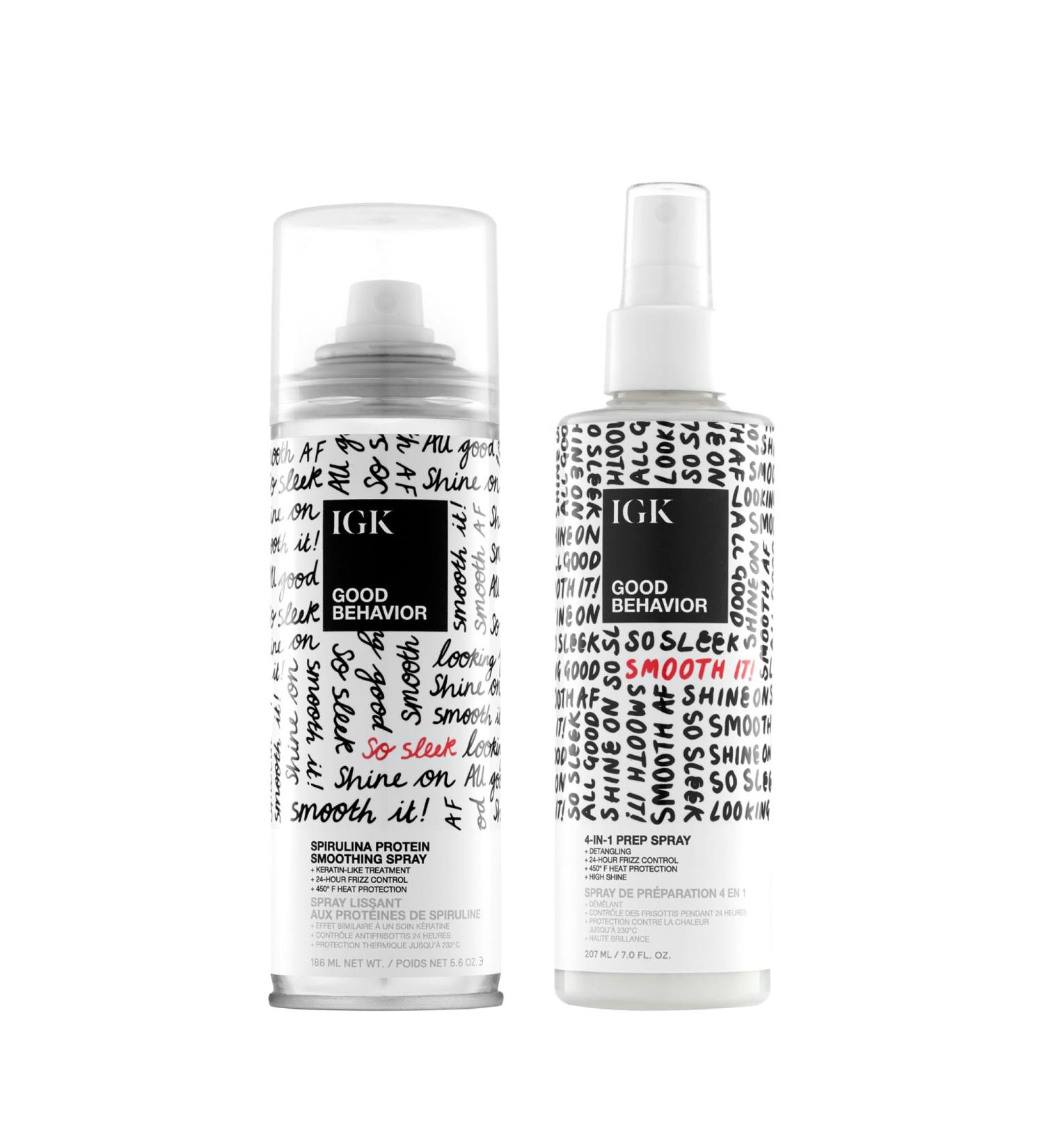 IGK GOOD BEHAVIOR Set | 4-in-1 Prep Spray + Spirulina Protein Smoothing Spray | Frizz Control + Heat Protectant | Vegan + Cruelty Free Good Behaviour 5.6 Fl Oz + 7 Fl Oz (Pack of 2) - Buy Online on SooperMarket.com