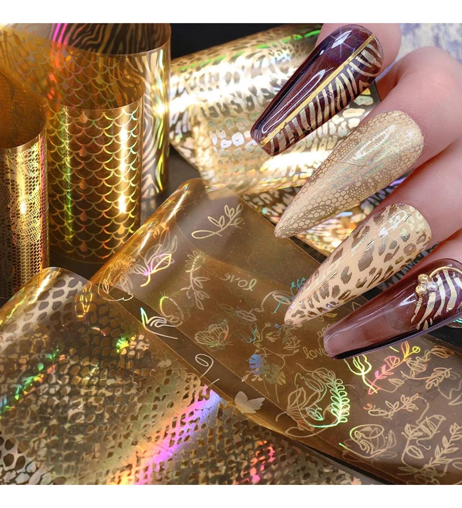 Gold Nail Foil Transfer Stickers - Holographic Designer Nail Art Supplies - 3D Glitter Line Manicure Accessories - 16 Sheets - Buy Online on SooperMarket.com