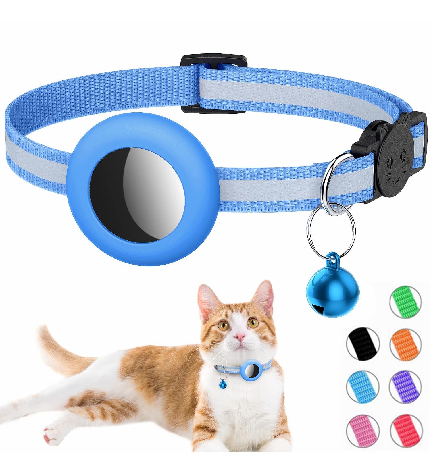 Reflective Airtag Cat Collar with Bell | Waterproof Holder | Breakaway Safety Buckle | 3/8 Width | Compatible with Apple Airtag - Blue - Buy Online on SooperMarket.com
