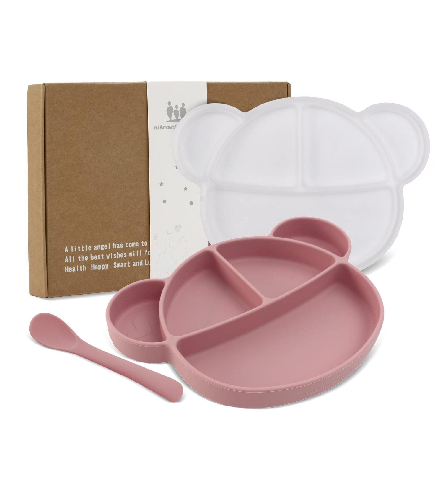 Suction Silicone Baby Plate with Lid, Spoon & Dividers - BPA Free & Dishwasher Safe (Pink) - Buy Online on SooperMarket.com