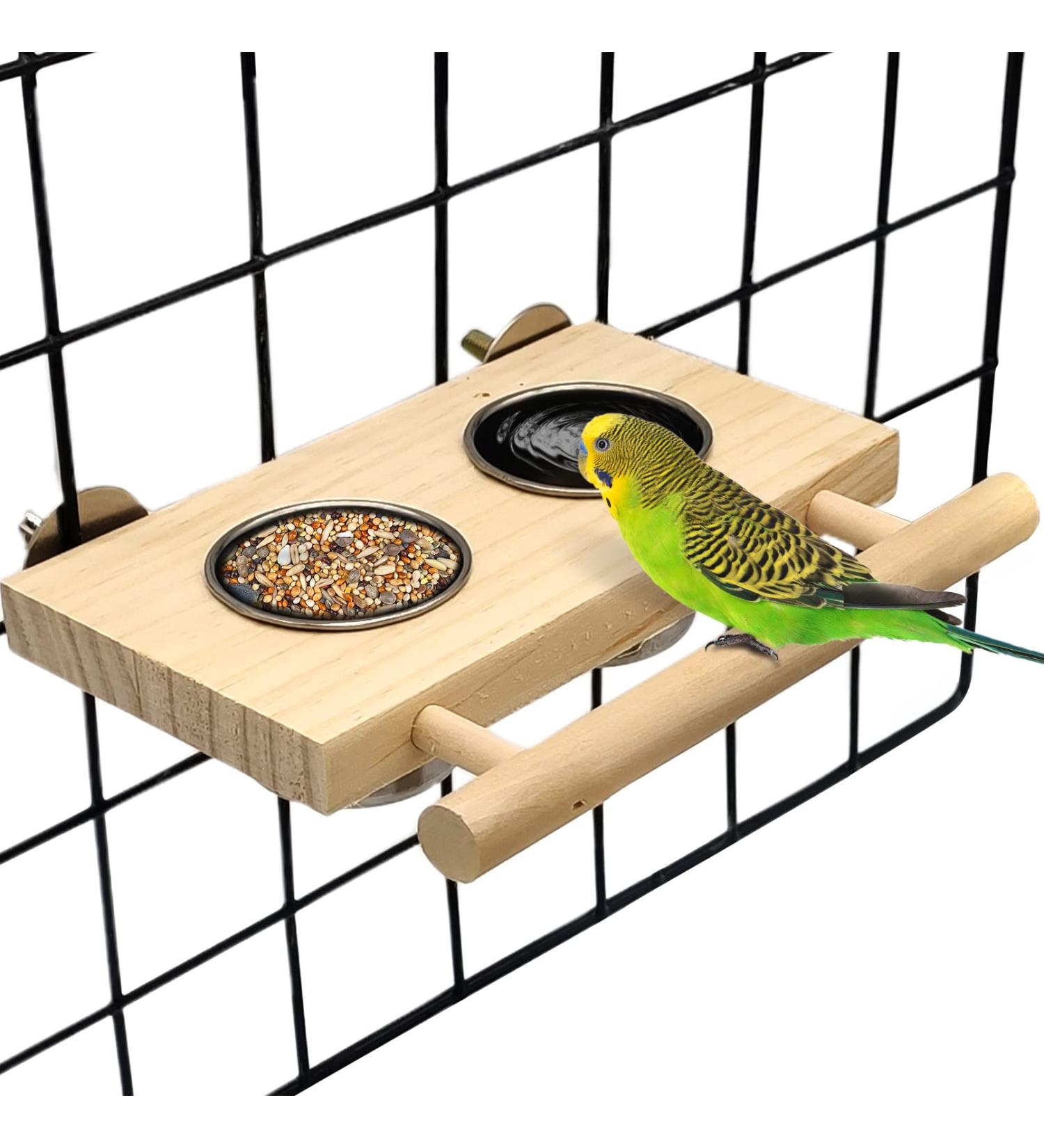 Tfwadmx Bird Food Stainless Steel Cups Wooden Perch Stand - Hanging Feeder Bowls for Parakeets, Conures, Cockatiels, Budgie Parrot - Feeding & Watering Supplies - Buy Online on SooperMarket.com