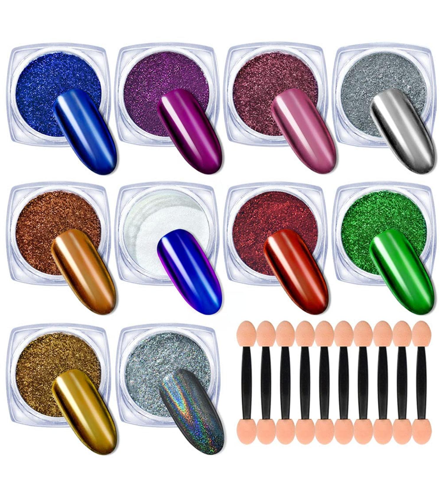 Yagoyan 10 Jars Chrome Nail Powder Kit - Holographic Chameleon Pigments | Nail Art Glitters for Mirror Effect | Eyeshadow Applicators - Buy Online on SooperMarket.com