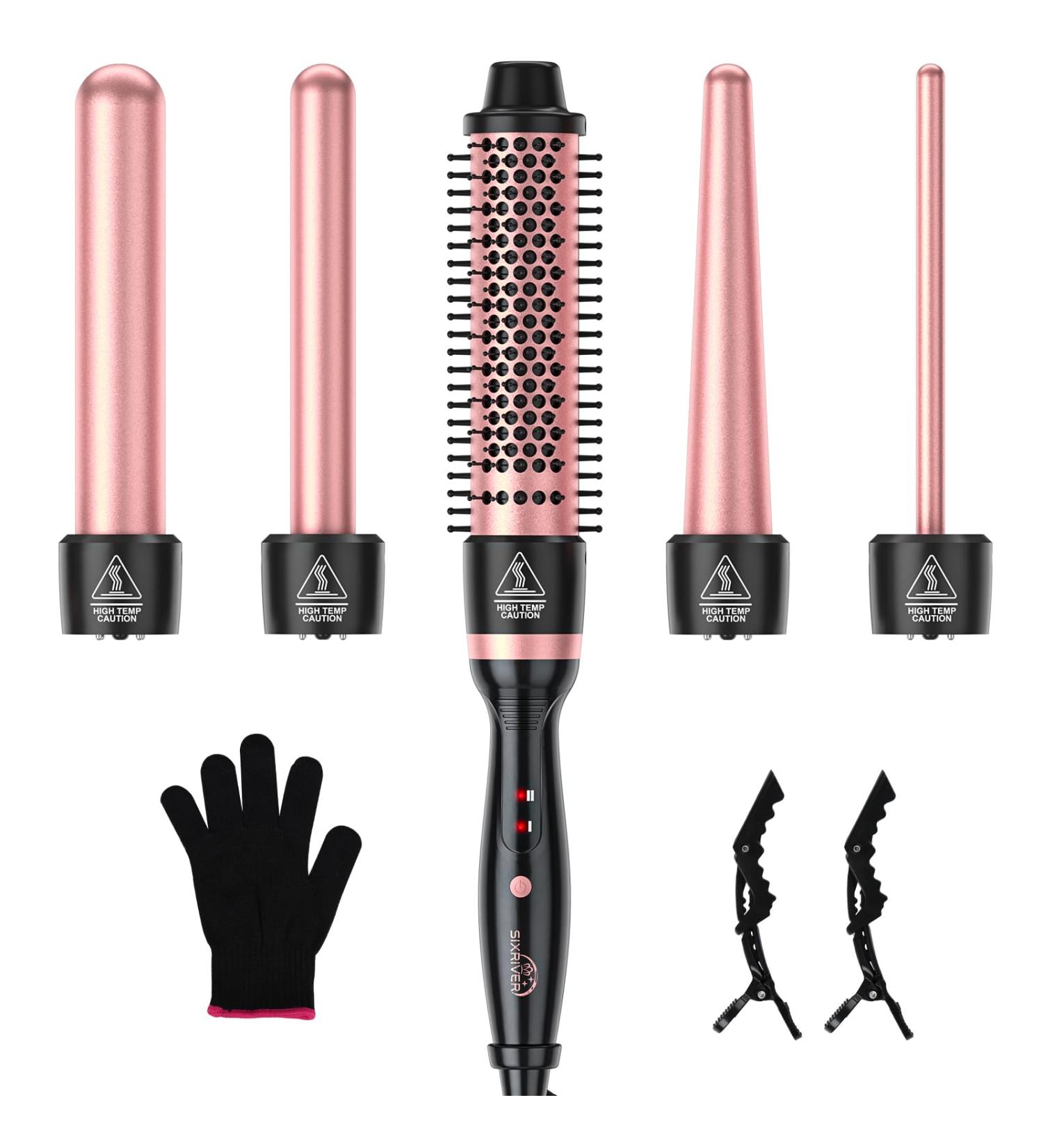 5 in 1 Curling Iron Curling Wand Set with Curling Thermal Brush&4 Interchangeable Ceramic Curling Wand(0.4"-1.25") Long Lasting Curls Hair Iron Crimper Instant Heat Up Hair Curler with Glove&2 Clips - Buy Online on SooperMarket.com