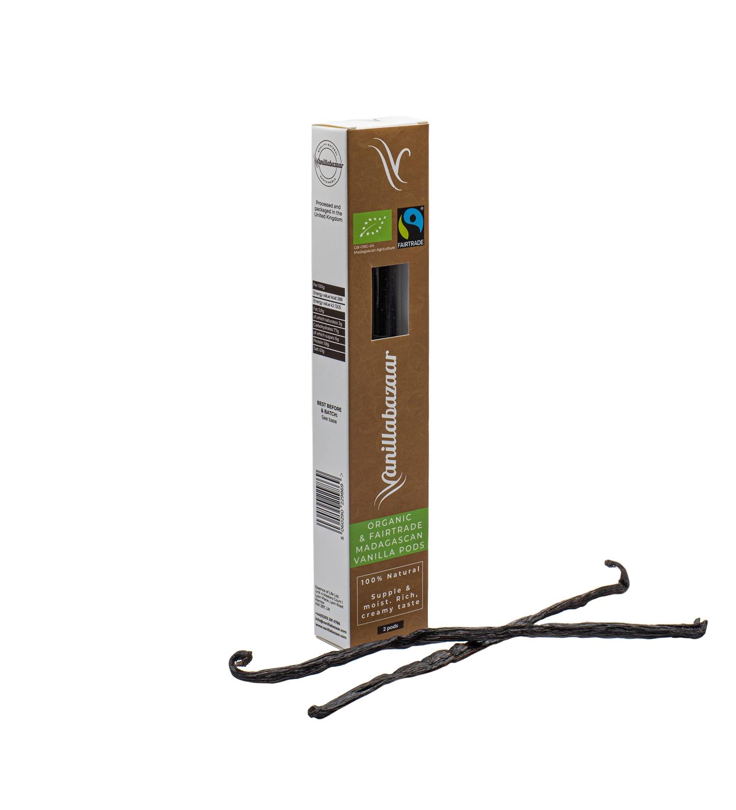 Vanillabazaar Sustainable Organic Fairtrade Grade A Bourbon Vanilla Pods - 2 Premium Beans in Resealable Tube for Chefs & Home Baking/Cooking - Buy Online on SooperMarket.com