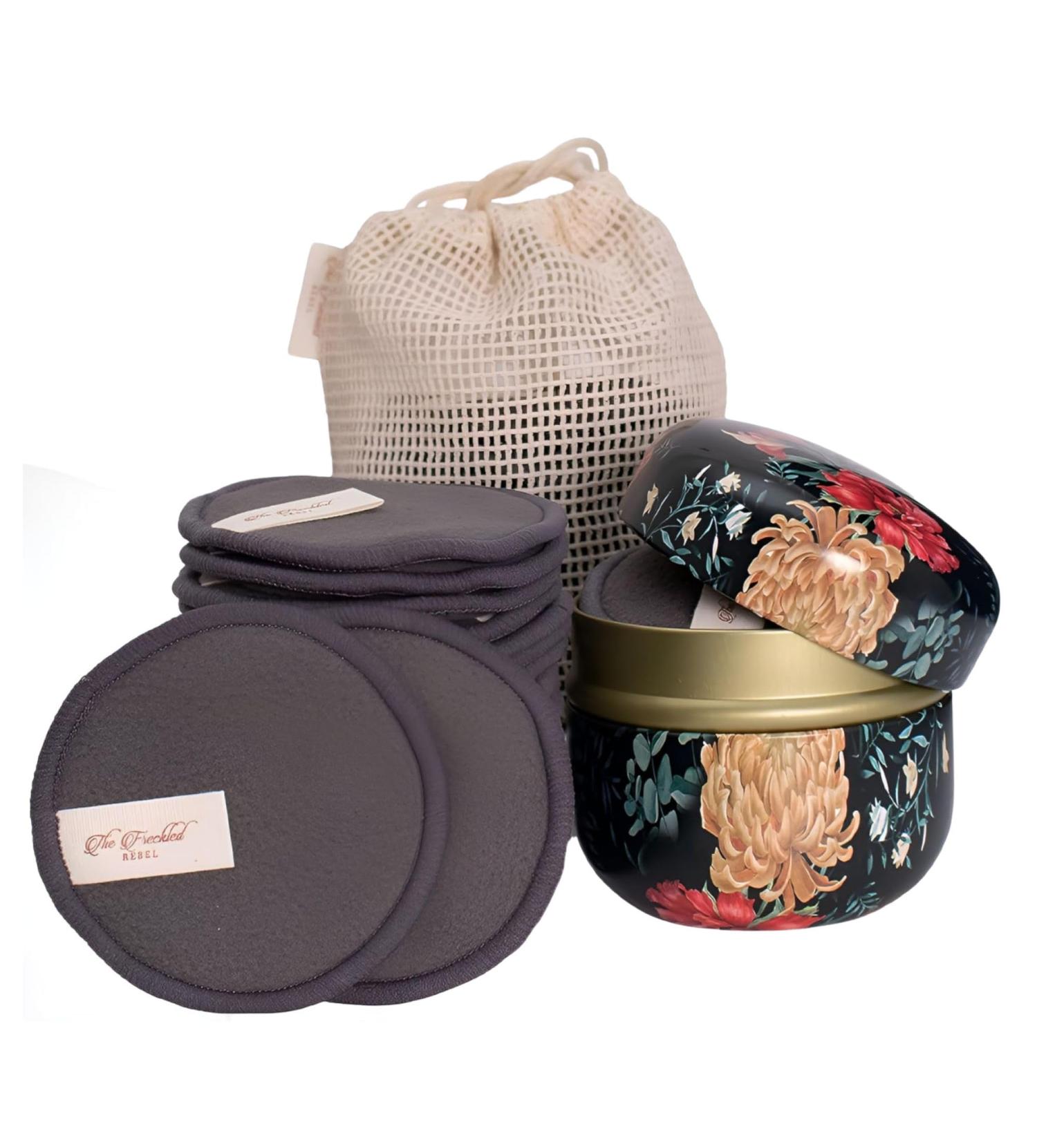 Freckled Rebel Reusable Makeup Remover Pads Set - 20 Eco-Friendly Wipes & Laundry Bag Perfect for All Skin Types - Black Floral Design - Buy Online on SooperMarket.com