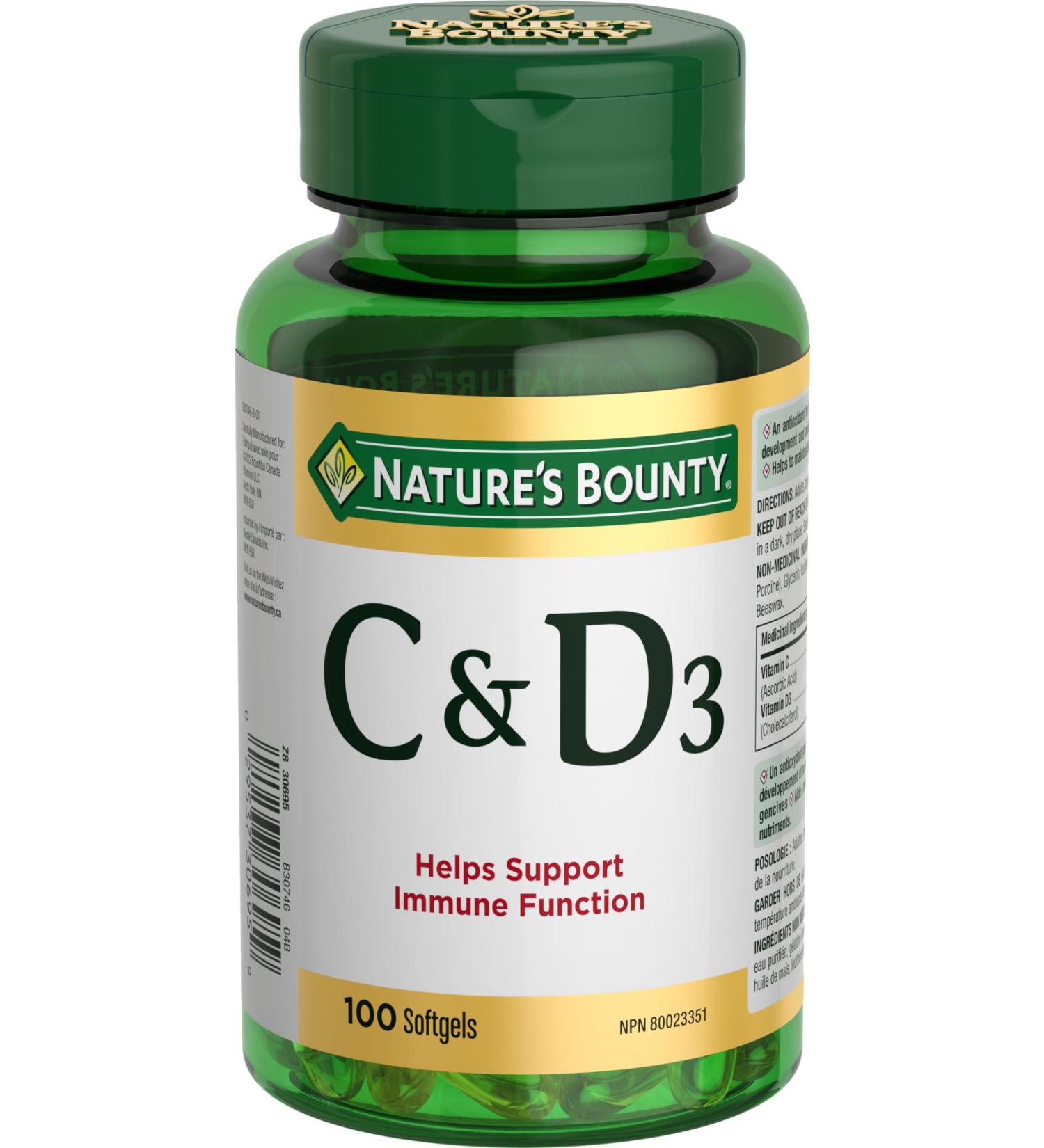 Nature's Bounty Vitamin C and D3 Pills Supplement An Antioxidant for the Maintenance of Good Health 100 Softgels - Buy Online on SooperMarket.com