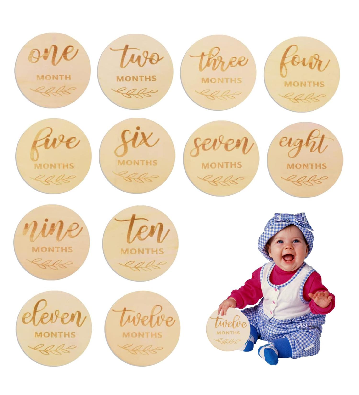 NPQ 12 Pcs Baby Monthly Milestone Cards - Wooden Baby Announcement Signs for New Parents | Baby First Year Growth Photo Props - Newborn Photography Gift Set - Buy Online on SooperMarket.com