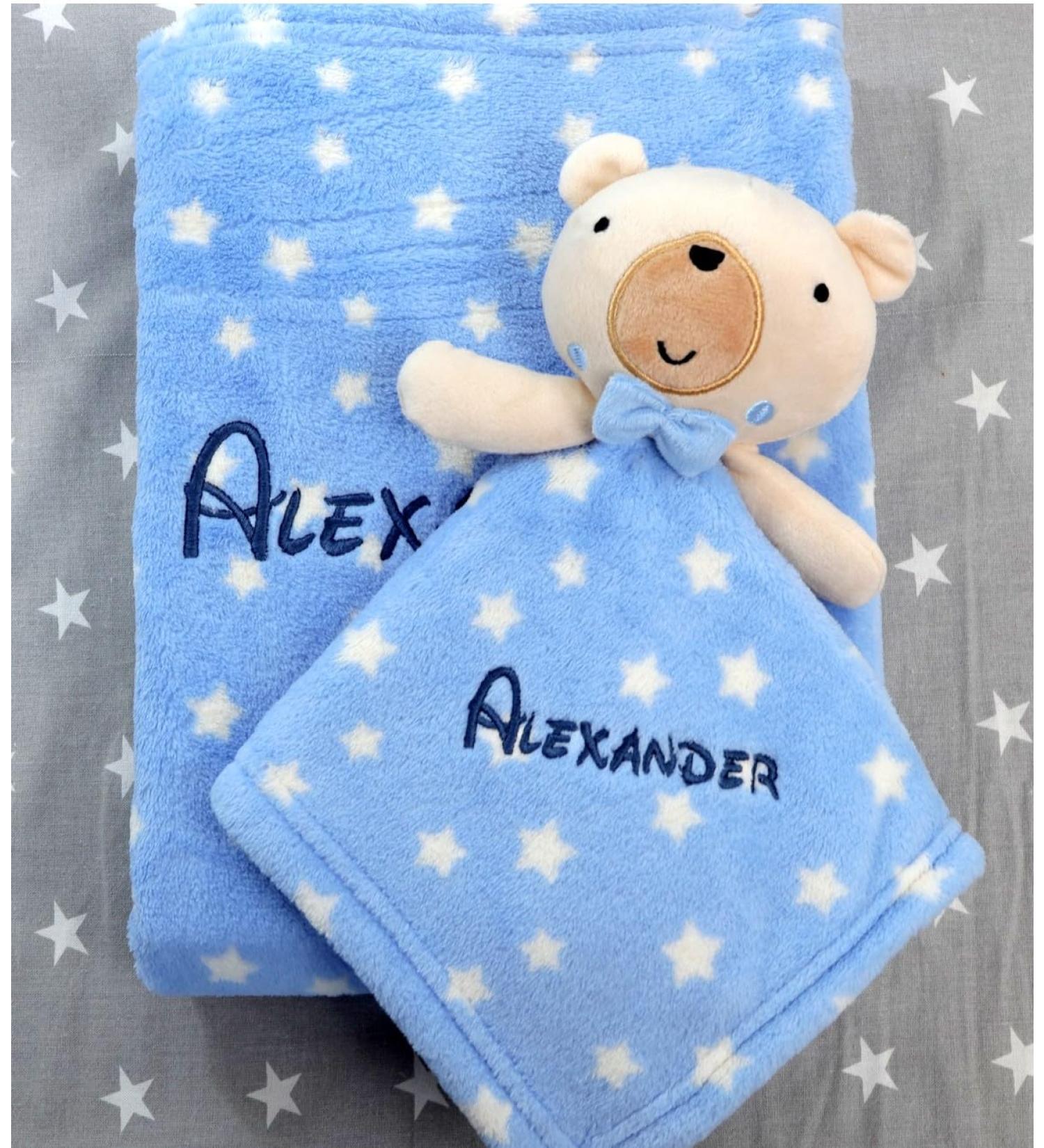 BotoBaby Personalized Baby Gift Set - Custom Embroidered Blanket & Comforter for Birth/Baptism - Blue Teddy Bear - Buy Online on SooperMarket.com