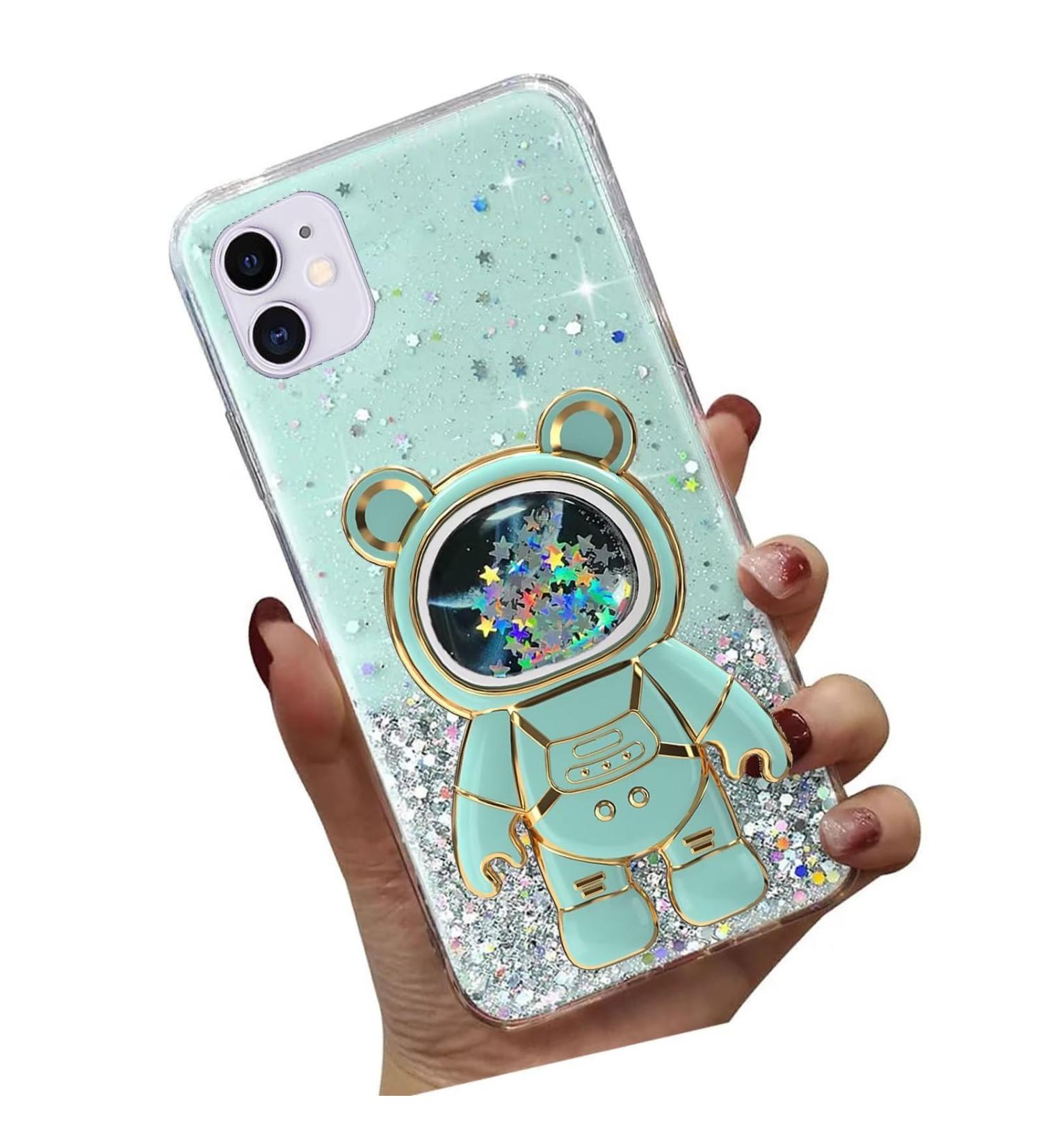 Tivenfezk Nadoli iPhone 11 Astronaut Stand Case - Glitter & Soft Silicone Protective Cover - Treibsand B r Caricature Design - Transparent Green - Buy Online on SooperMarket.com