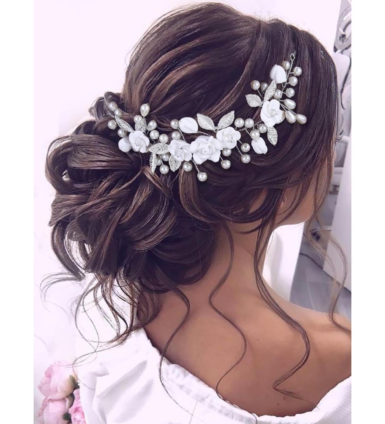 IYOU Flower Bridal Hair Vine Silver Pearl Bride Headband Leaf Wedding Headpiece Communion Prom Hair Accessories for Women and Girls - Buy Online on SooperMarket.com