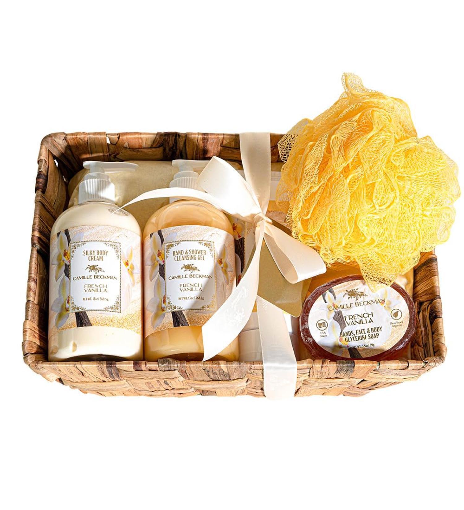 Camille Beckman Essentials Gift Basket | French Vanilla Glycerine Hand Therapy Body Cream & Soap | International Shipping Available - Buy Online on SooperMarket.com