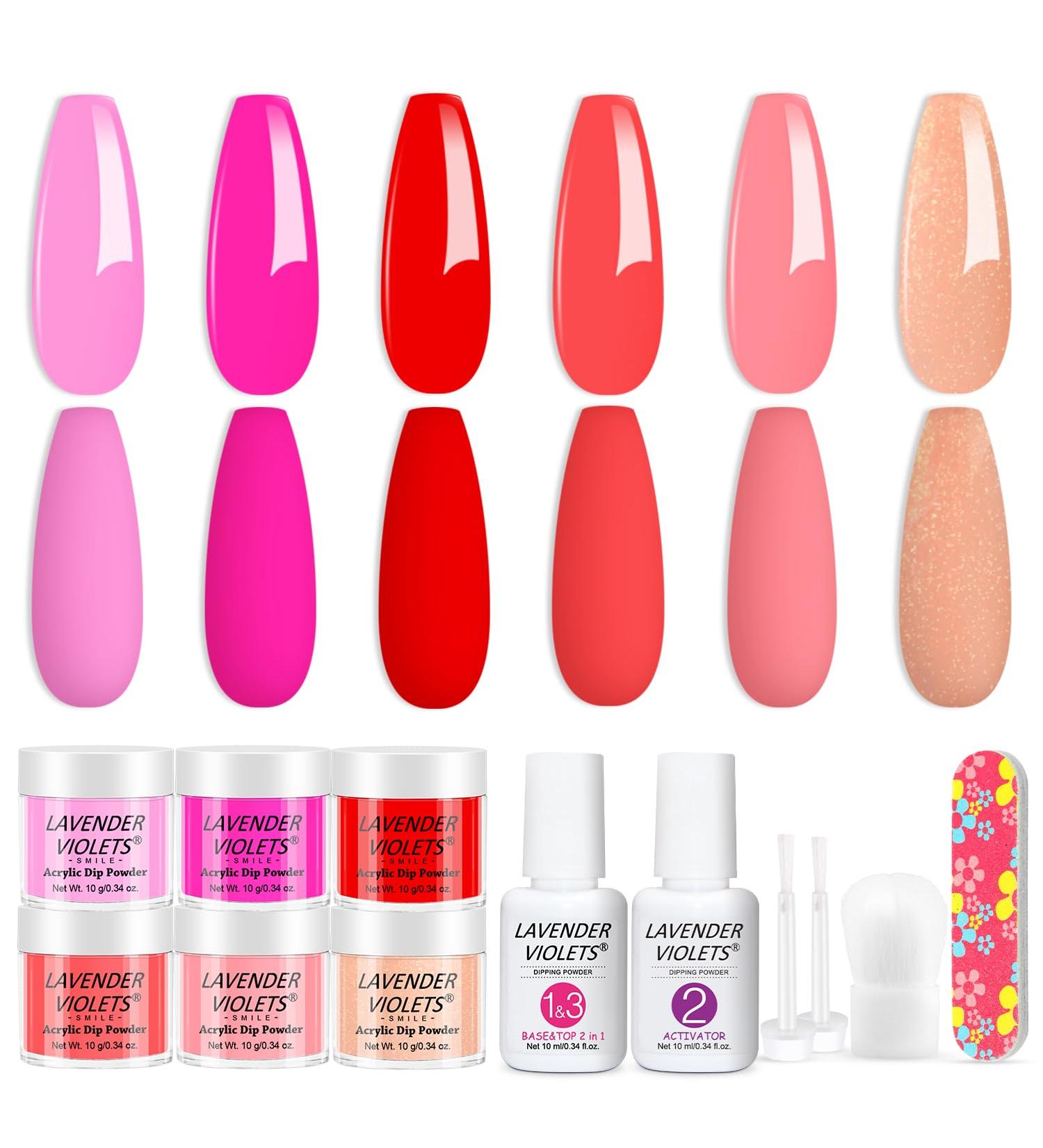Lavender Violets 12 Pcs Dip Powder Nail Kit 6 Colours Nude Pink Shimmer Salmon Bright Red Dipping Powder Liquid Set with Base & Top Coat Activator Starter French Nail Art Manicure M208 - Buy Online on SooperMarket.com