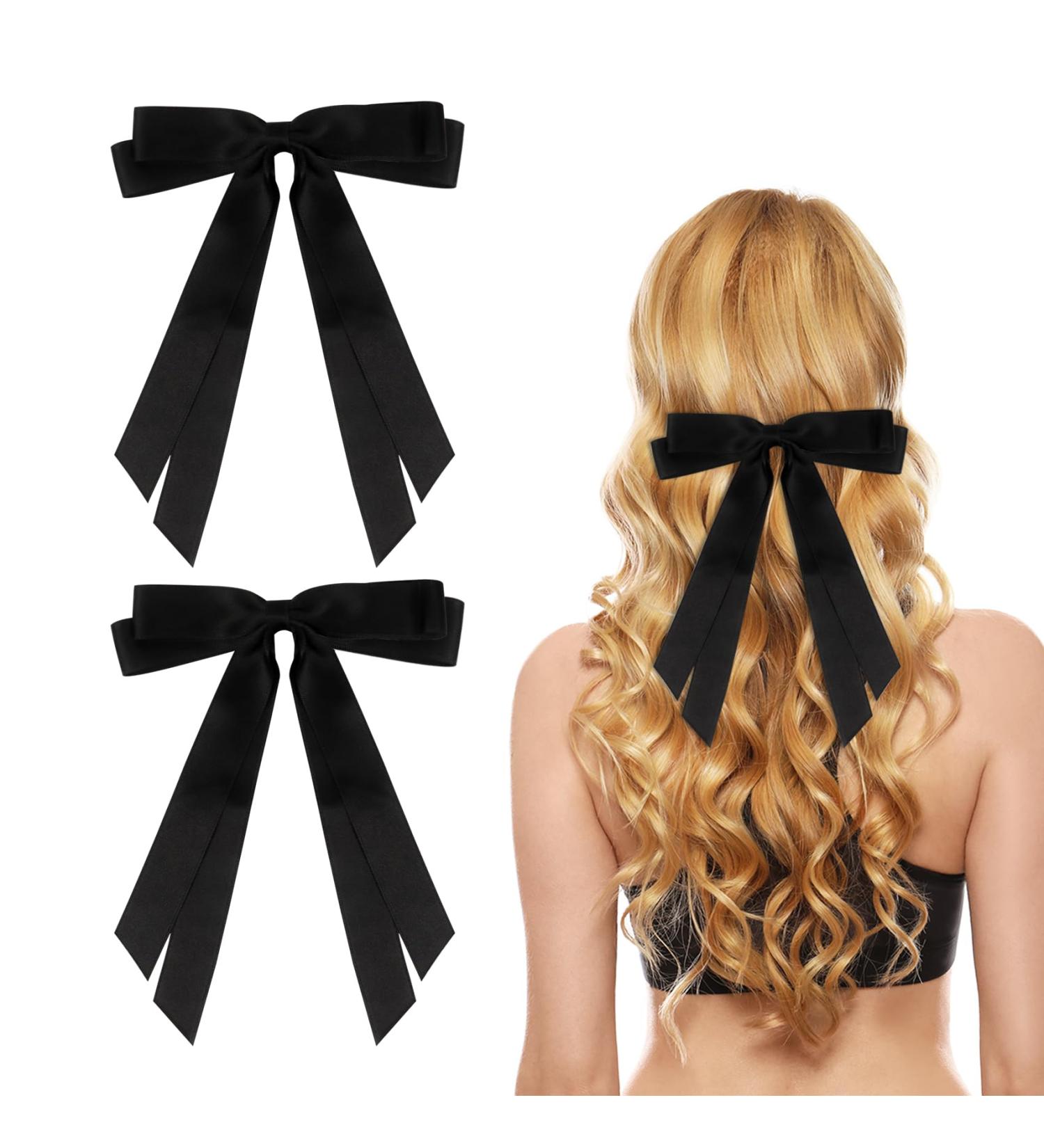 2 Pack Hair Bows for Women Black Bow Hair Clips French Barrette with Long Silky Satin Hair Ribbons for Women Girls(Black) - Buy Online on SooperMarket.com