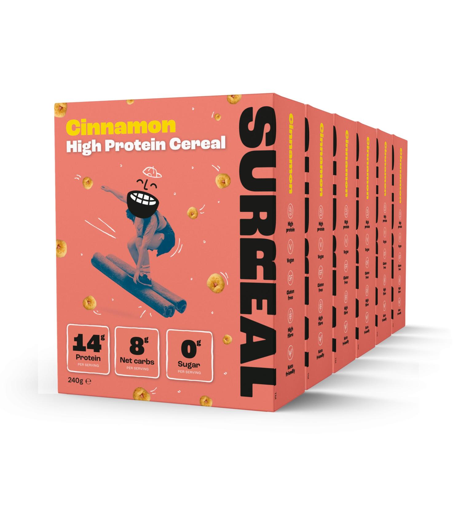 Surreal Cinnamon - High Protein Cereal 6 Pack - Low Sugar- Healthy Plant Based Cereal - High in Fibre - Low Carb - Gluten Free - Vegan - 13g of Protein 0g of Sugar - 240g per Box - Buy Online on SooperMarket.com