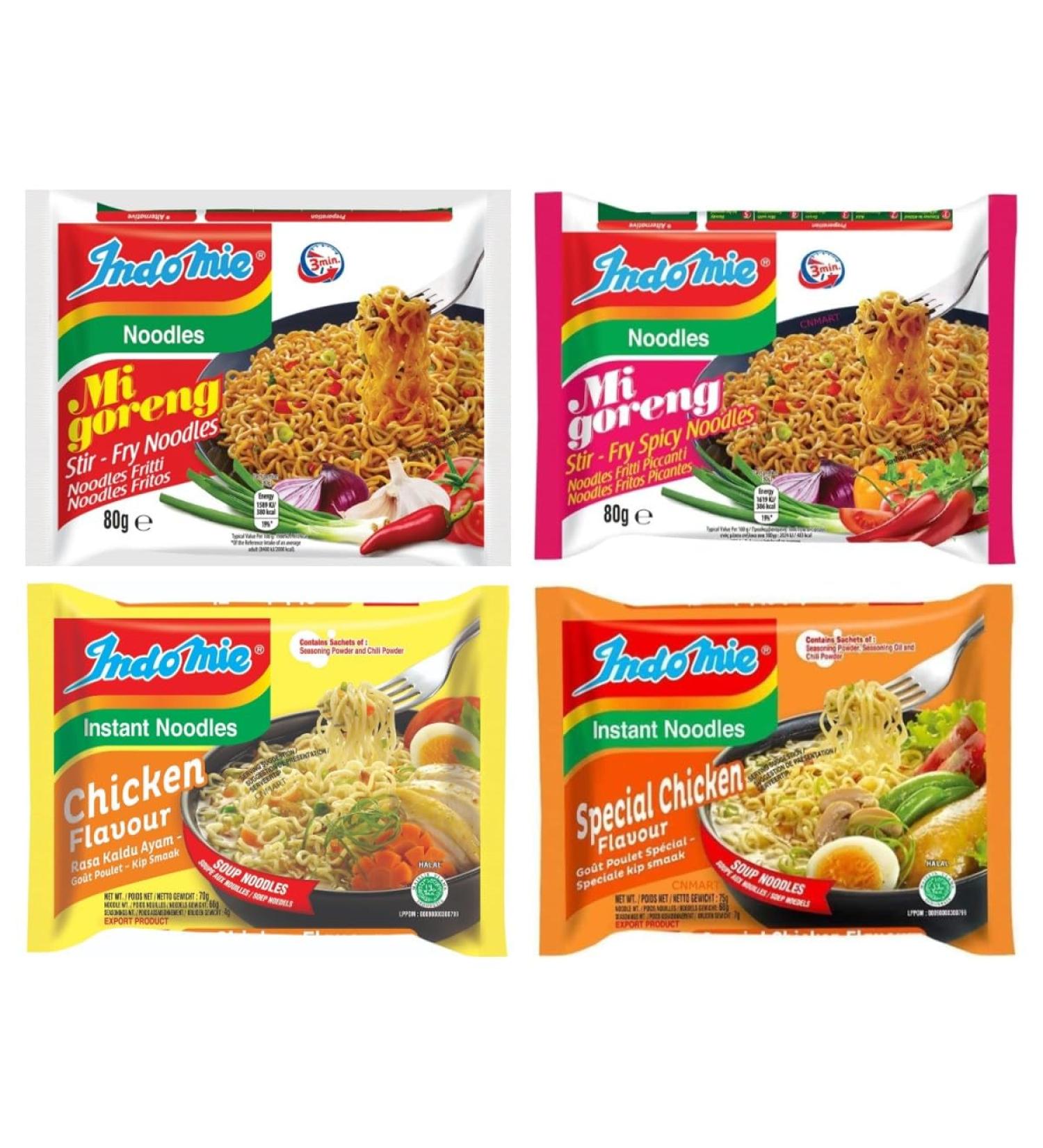 CNMART Indomie Noodles Mixed 4 Flavours HALAL 40 Packs Case (Mi Goreng Stir Fry Spicy Chicken Special Chicken) - Buy Online on SooperMarket.com
