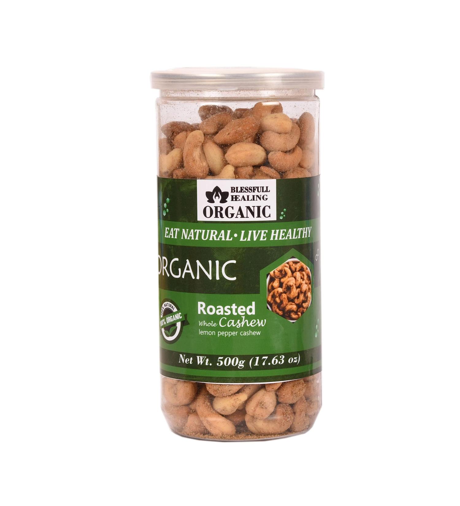 Blessfull Healing Organic Natural Vegan Lemon Pepper Roasted Whole Cashew Nuts Crunchy Kaju 500 Gram - Buy Online on SooperMarket.com