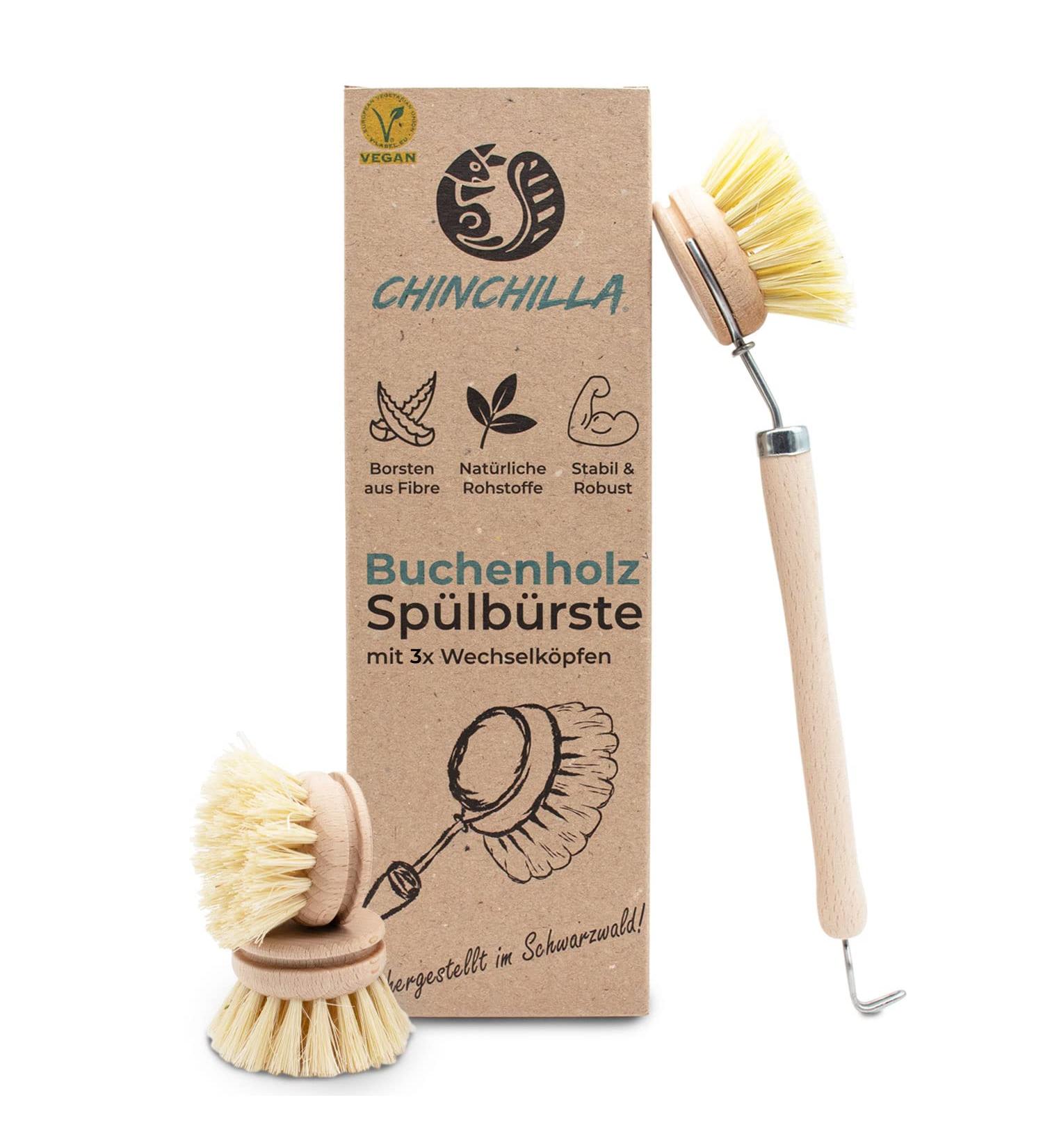 Chinchilla Rinse Brush - Eco-Friendly Beech Wood Kitchen Brush with Natural Fiber Bristles | Includes 3 Replaceable Heads | Plastic-Free & Durable - Buy Online on SooperMarket.com