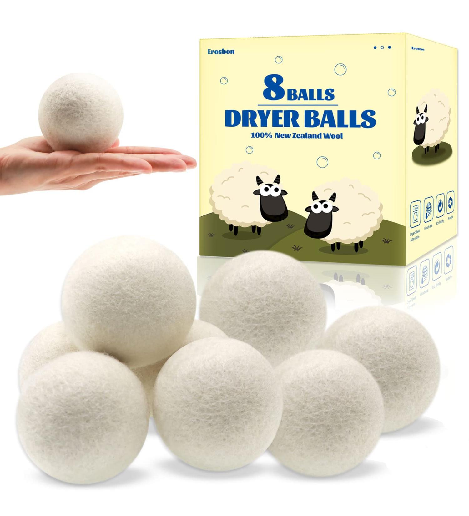 Erosbon Organic Wool Dryer Balls 8 Pack - Natural Fabric Softener for Sensitive Skin - Baby Safe & Hypoallergenic - Reduce Wrinkles & Save Time - Buy Online on SooperMarket.com