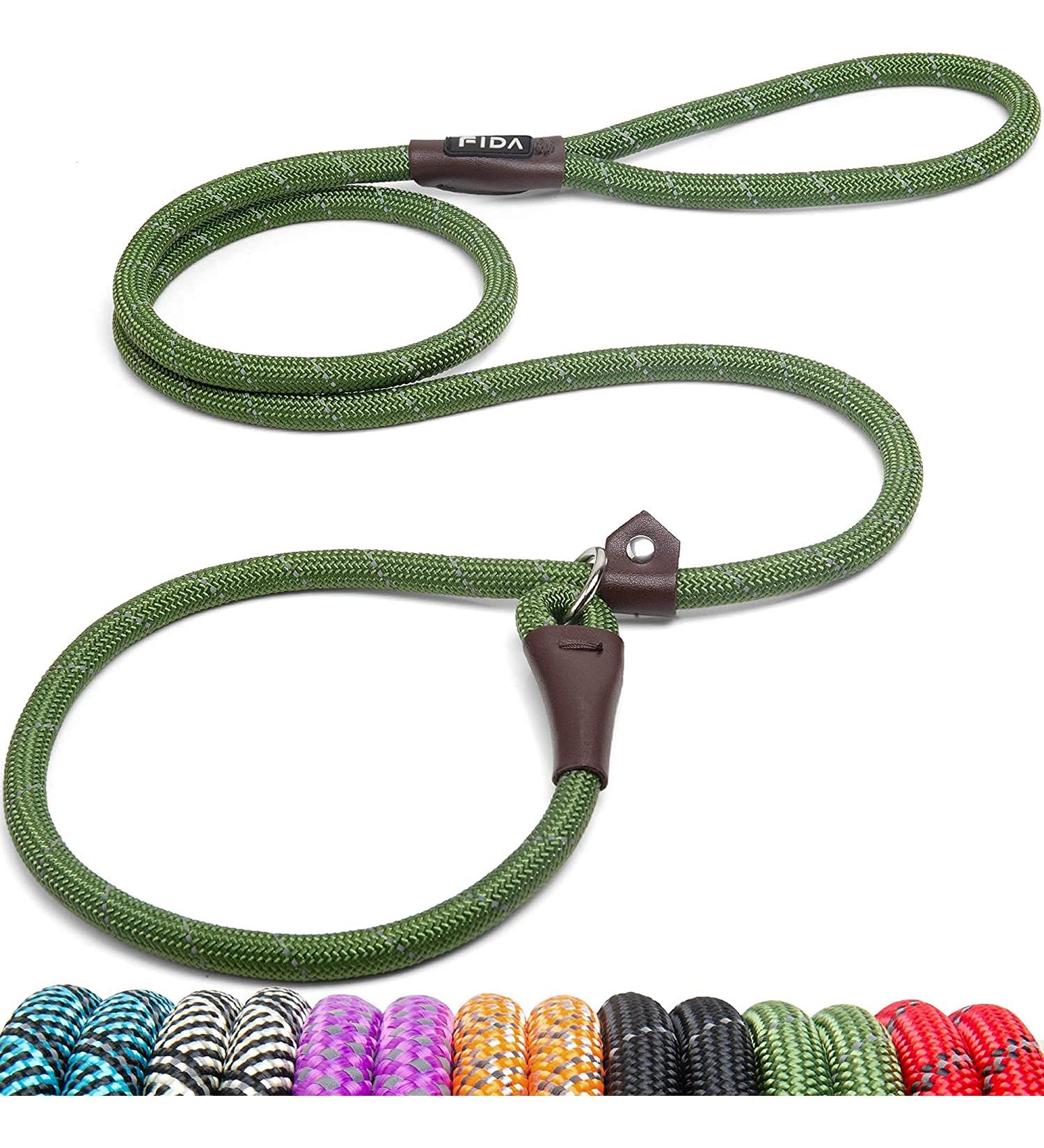Fida Slip Rope Dog Lead - 1.8m One-Size-Fits-All Leash | Easy Slip-On Design, Reflective Stitching, Durable Climbers Rope - Large Green (1.3cm x 1.8m) - Buy Online on SooperMarket.com