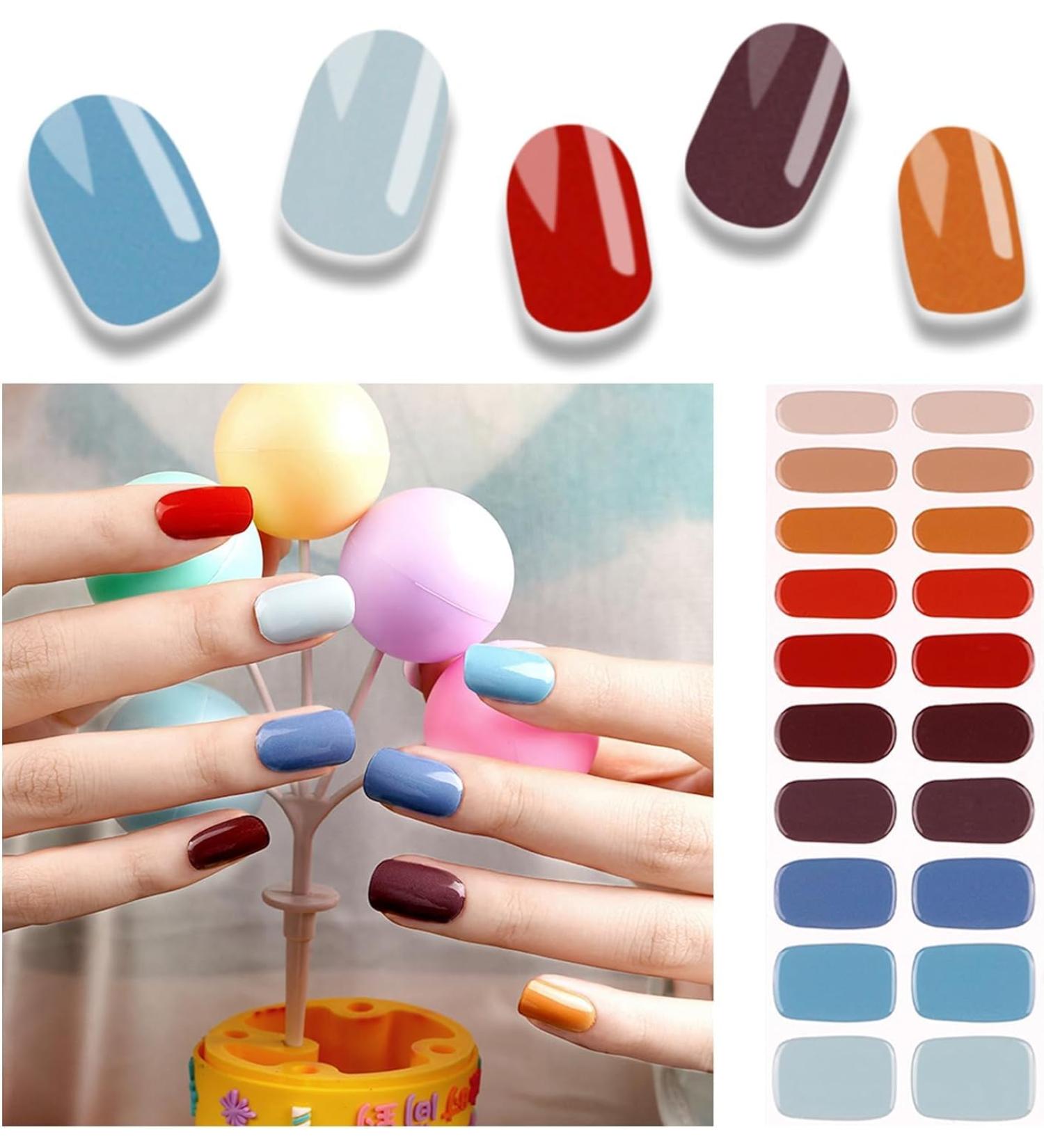Foyute Semi Cured Gel Nail Strips 20 Pcs Soft Self-Adhesive Gel Nail Polish Wraps Sticker for Salon-Quality Manicure Set Long Lasting Easy to Apply & Remove Nail File & Wooden Stick (Colorful) - Buy Online on SooperMarket.com