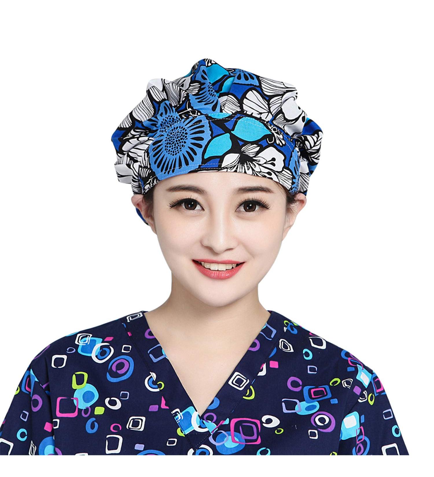 Printed Cotton Bouffant Turban Working Cap - Adjustable Scrub Hat for Hair Cover - Buy Online on SooperMarket.com