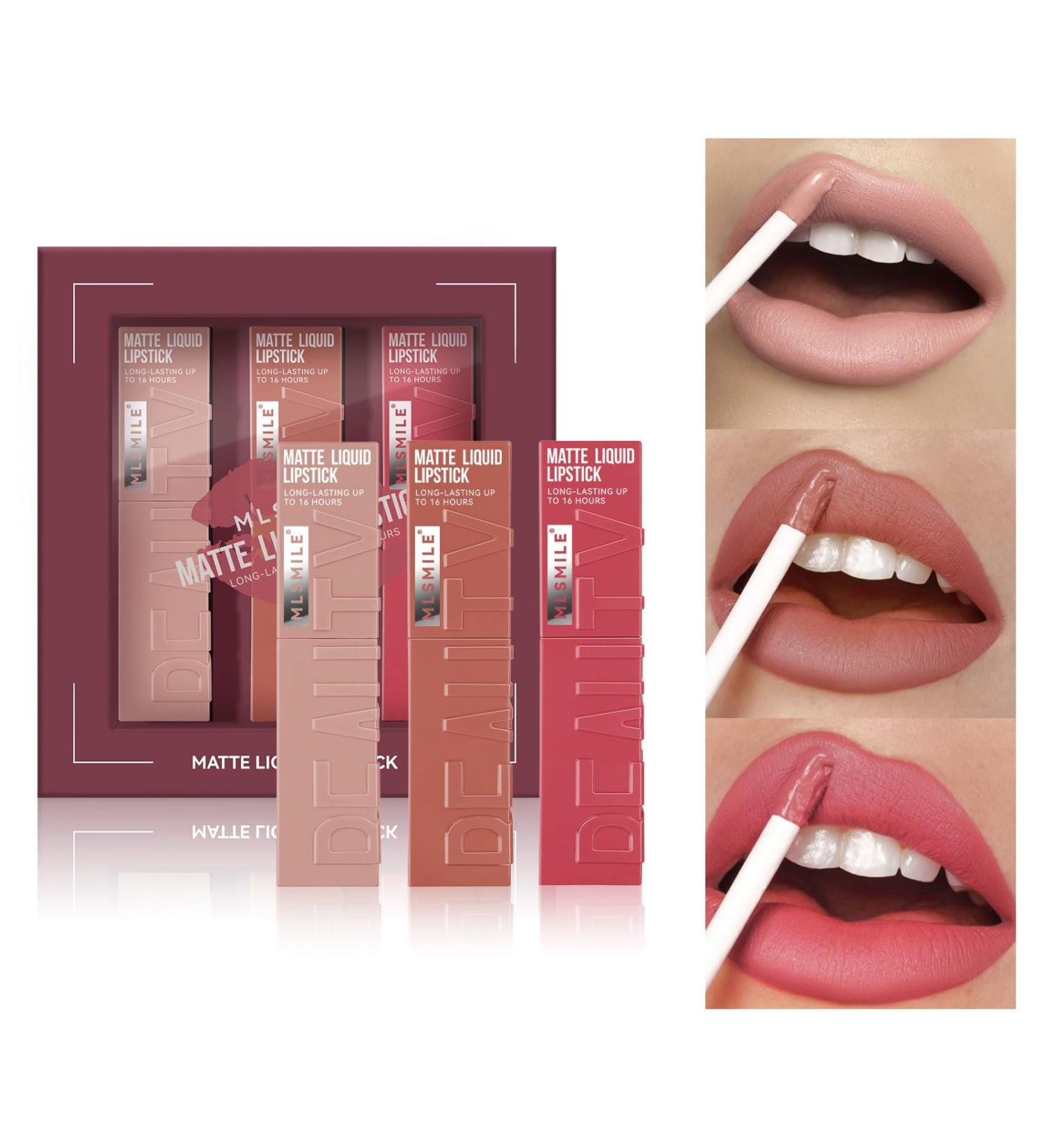 Matte Liquid Lipstick Makeup Set - 3 Pcs Long Lasting Smudge Proof Lip Gloss | High Pigmented Velvety Nude Red Lip Stain Gift Set for Women & Girls - Buy Online on SooperMarket.com