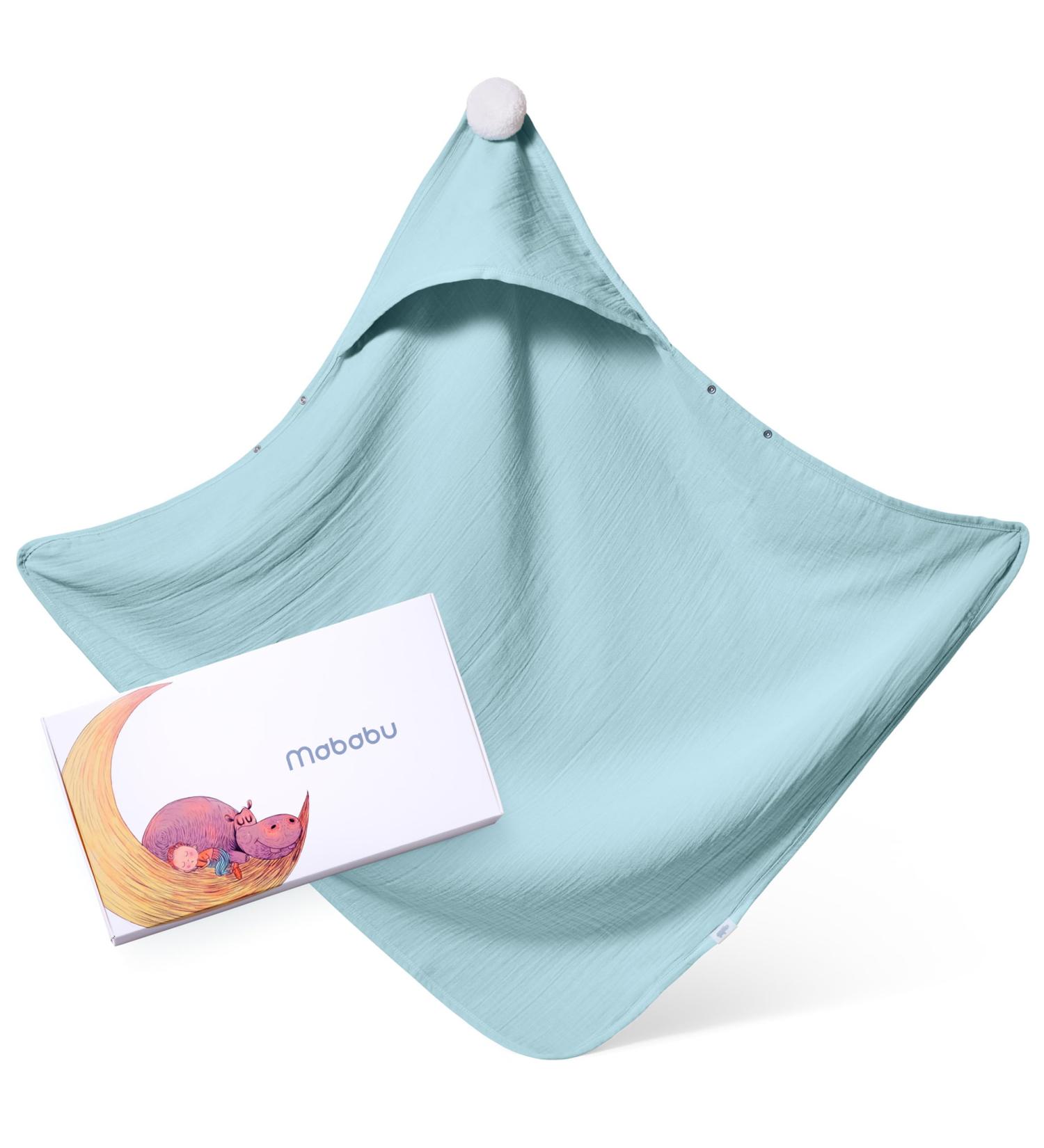 Mababu Hooded Baby Towel - 4 Layer GOTS Organic Cotton Anti-Slip Buttons 75x75 cm Soft & Fluffy - Sea Green - Buy Online on SooperMarket.com