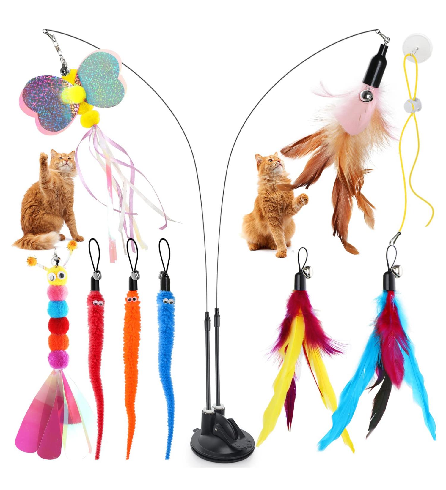 Bigqin Cat Feather Toys 12 Pcs Interactive Cat Toys 8 Toys with Bells 2 Cat Teaser Wand 1 Dual Head Removable Super Suction Cup 1 Sticky Door Lanyard Funny Kitten Training Toys Indoor Outdoor - Buy Online on SooperMarket.com